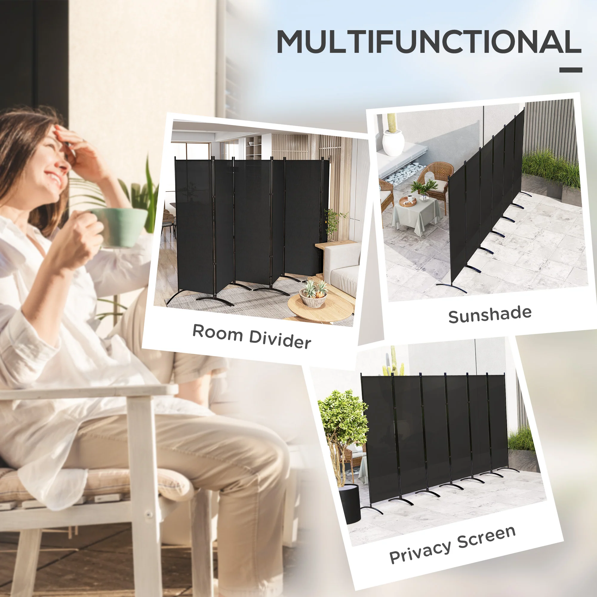 6 Panel Folding Privacy Screen, 5.7FT Tall Room Divider with UV30+ Protection, Black - Image 6