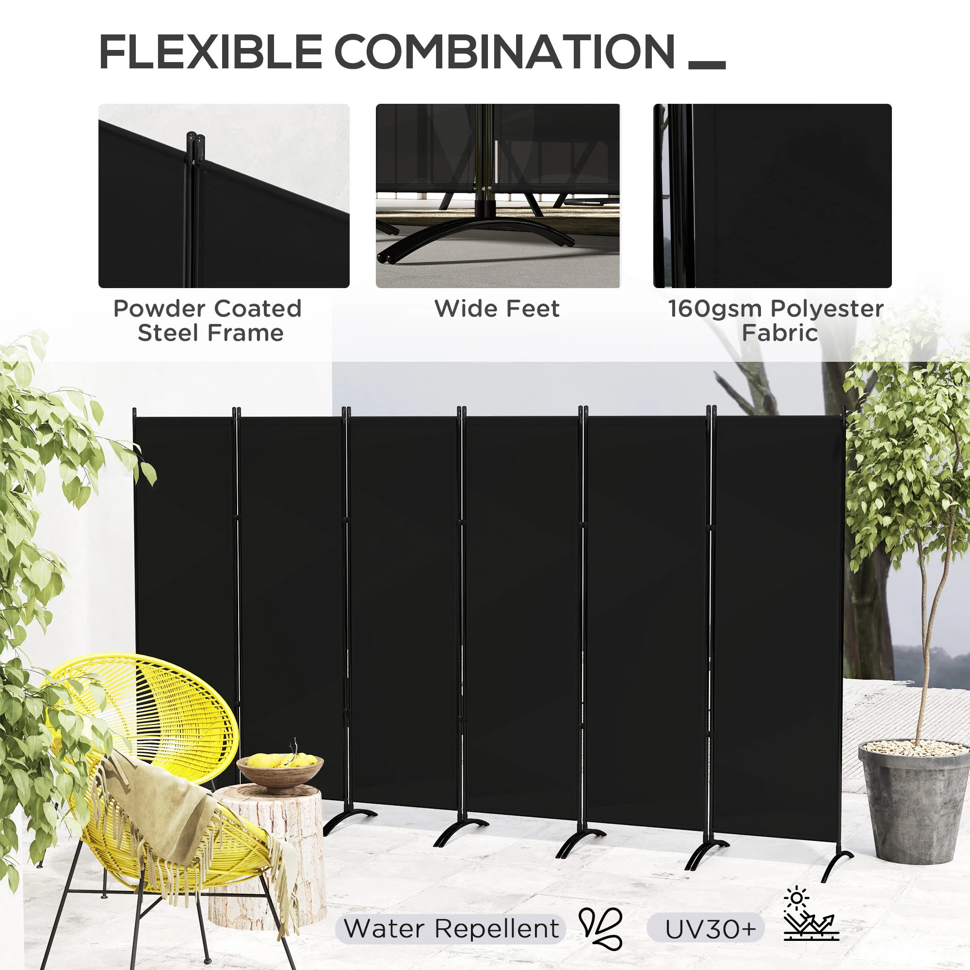 6 Panel Folding Privacy Screen, 5.7FT Tall Room Divider with UV30+ Protection, Black - Image 7