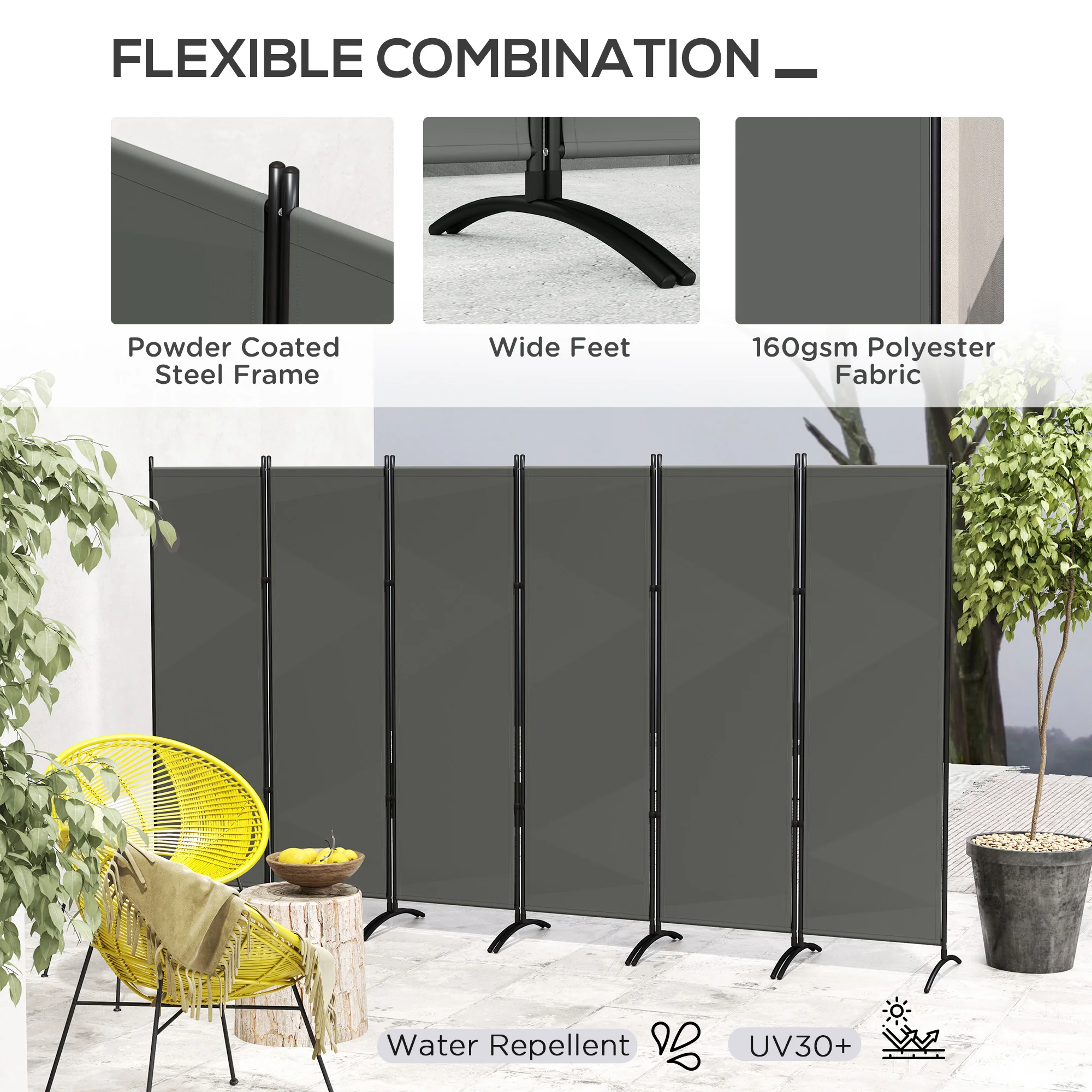6 Panel Folding Privacy Screen, 5.7FT Tall Room Divider with UV30+ Protection, Dark Grey - Image 7