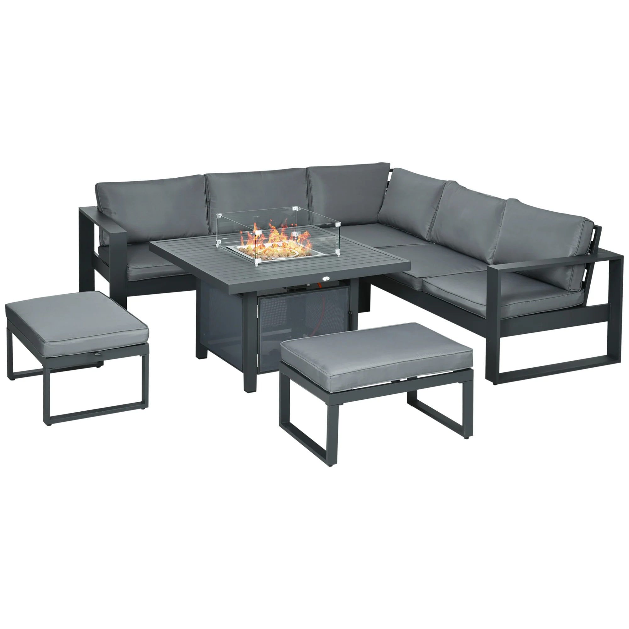 6-Piece Patio Sofa Conversation Set w/ Loveseat, Footstool & Gas Fire Pit Table, Grey