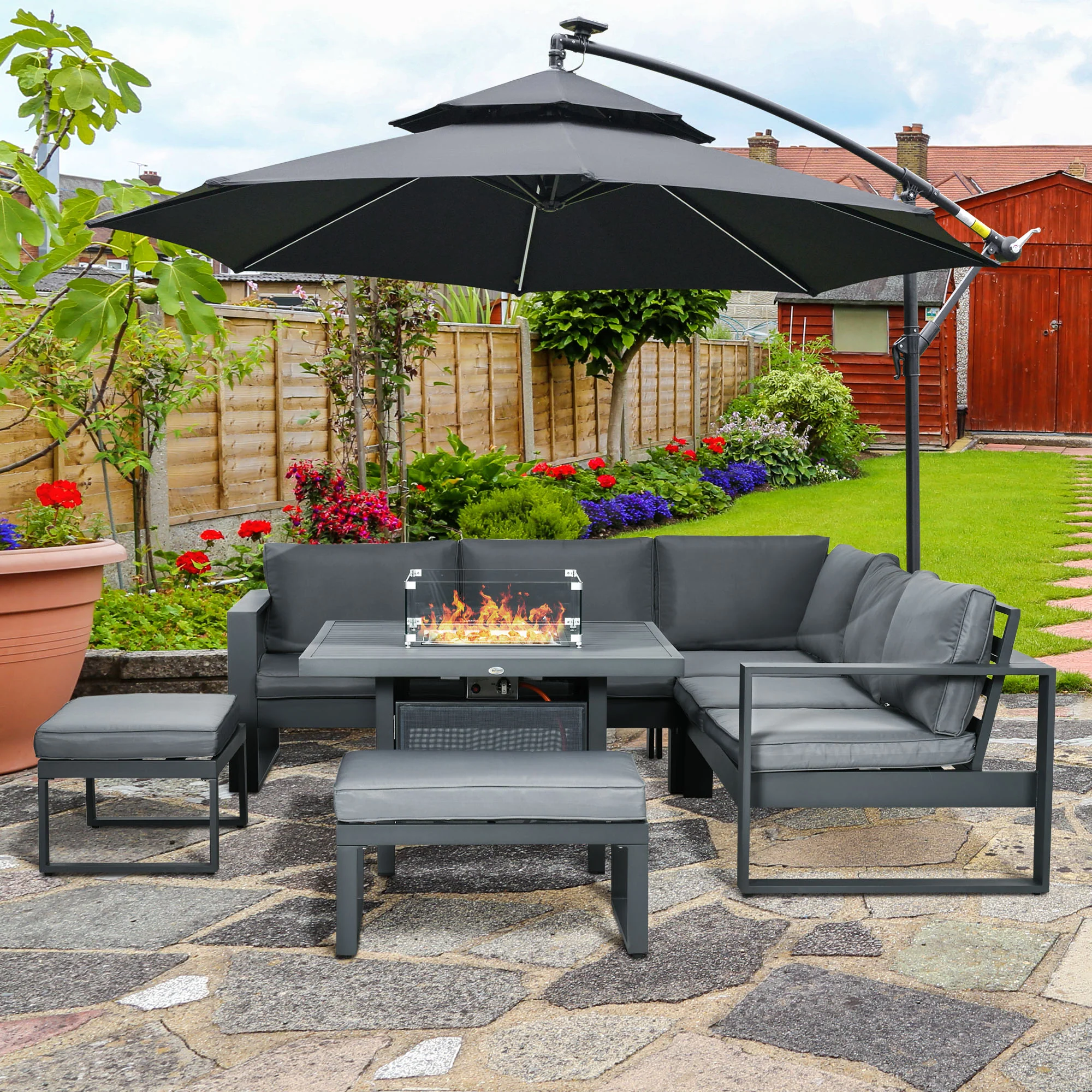 6-Piece Patio Sofa Conversation Set w/ Loveseat, Footstool & Gas Fire Pit Table, Grey - Image 4
