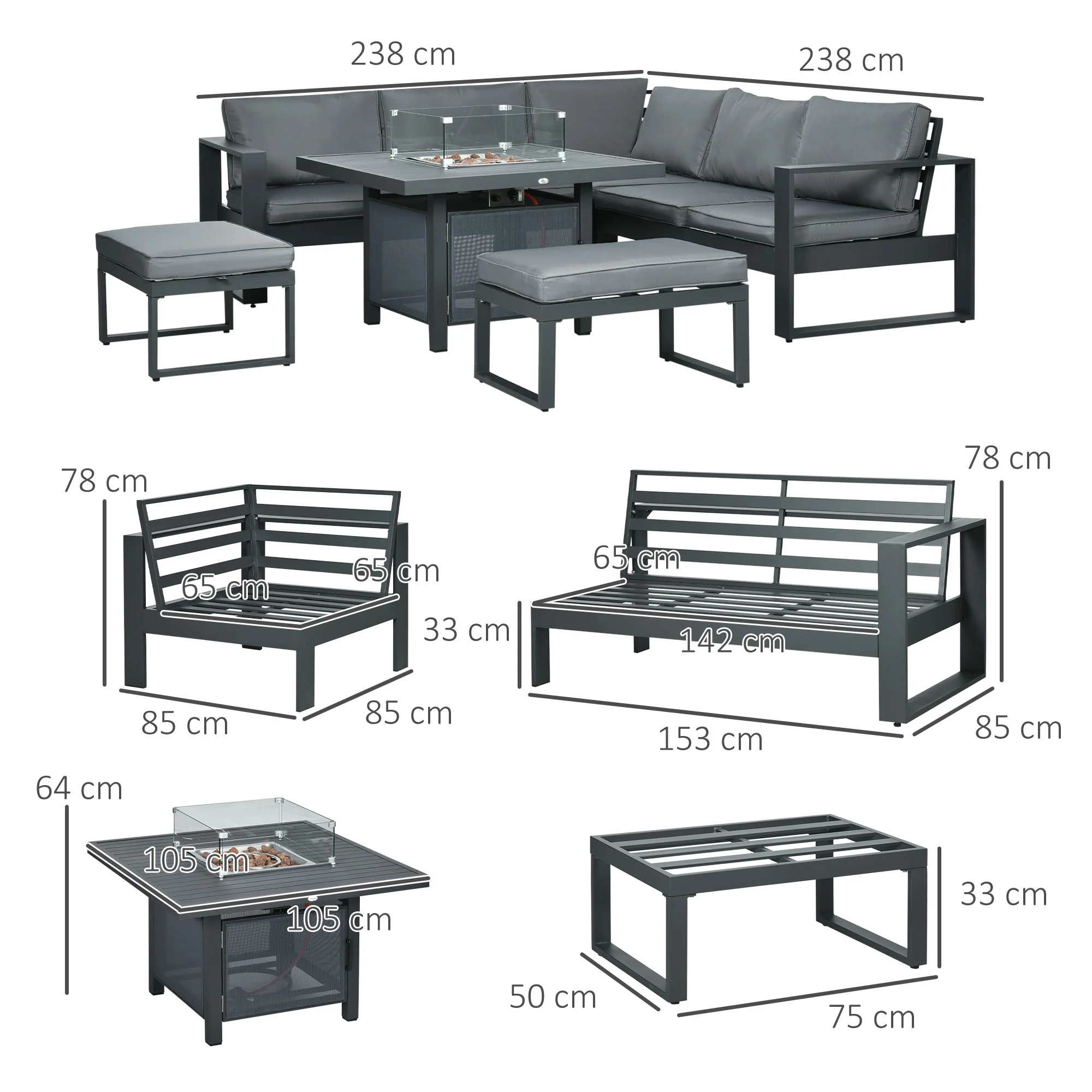 6-Piece Patio Sofa Conversation Set w/ Loveseat, Footstool & Gas Fire Pit Table, Grey - Image 5