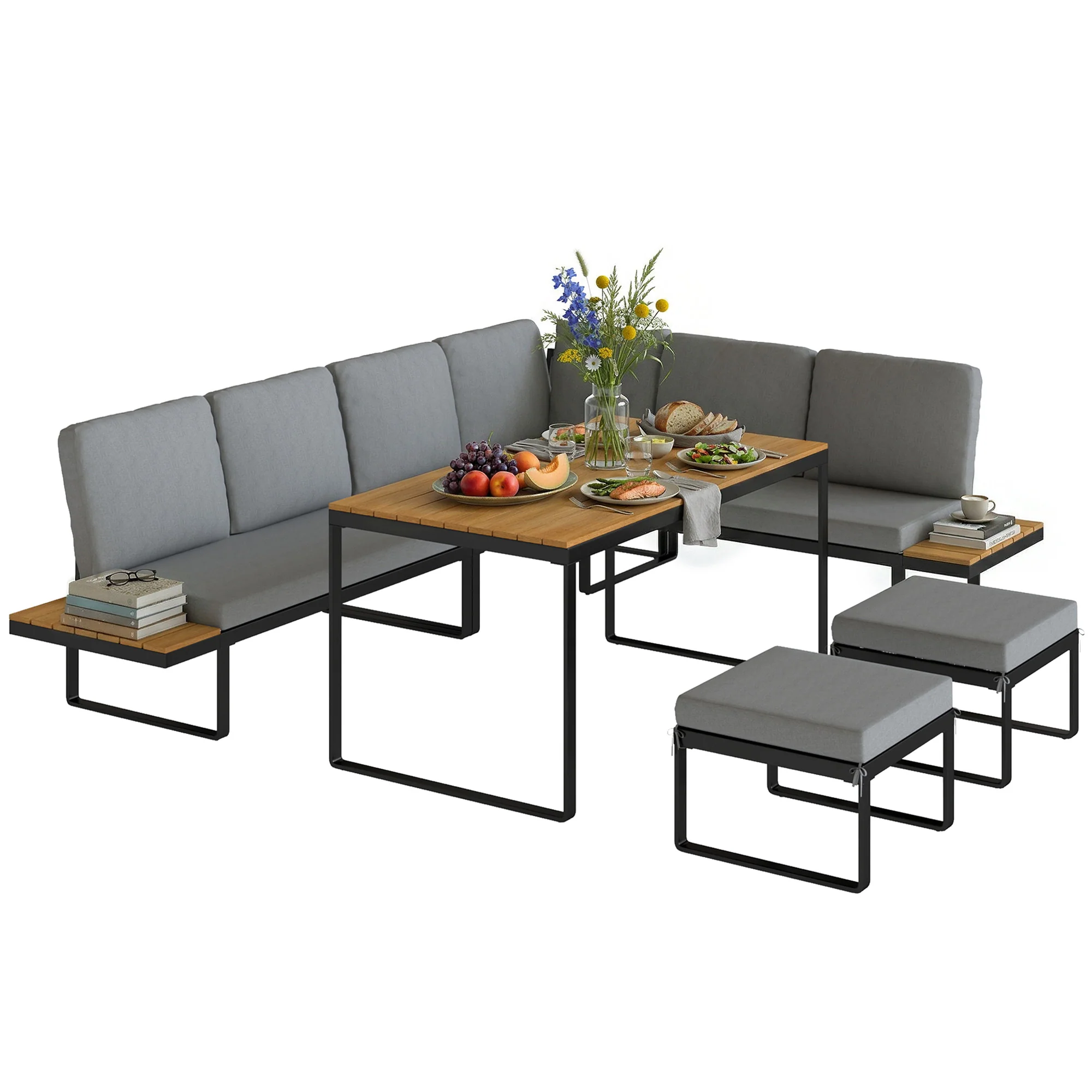 FlexNook 6-Piece Corner Sofa Set for 6-8, Aluminium Frame with Cushions, Grey - Image 2