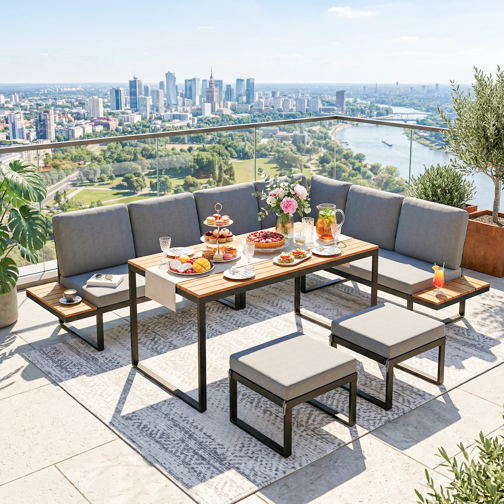 FlexNook 6-Piece Corner Sofa Set for 6-8, Aluminium Frame with Cushions, Grey - Image 3