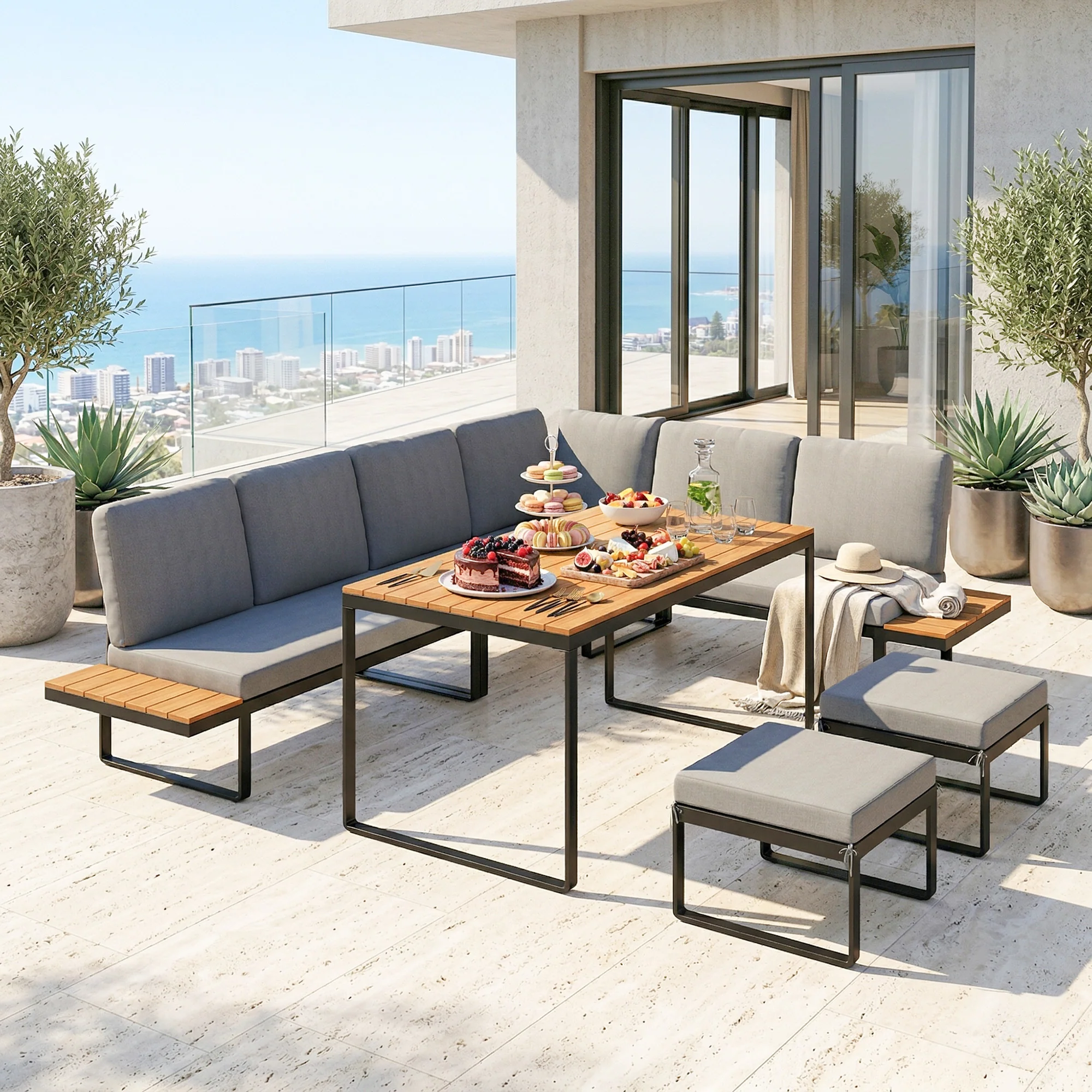 FlexNook 6-Piece Corner Sofa Set for 6-8, Aluminium Frame with Cushions, Grey - Image 4