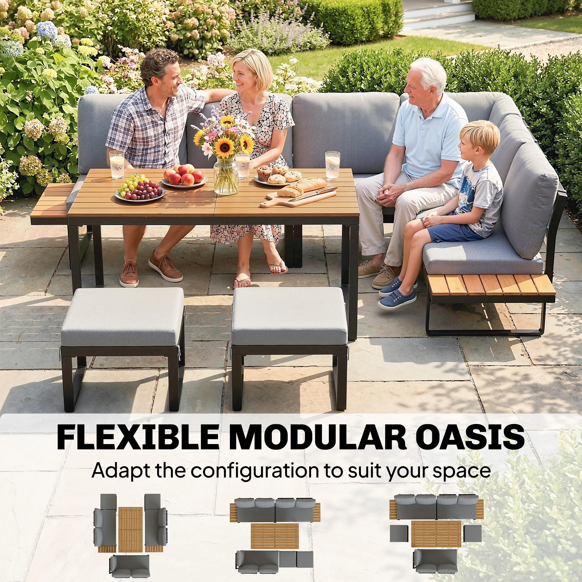 FlexNook 6-Piece Corner Sofa Set for 6-8, Aluminium Frame with Cushions, Grey - Image 6