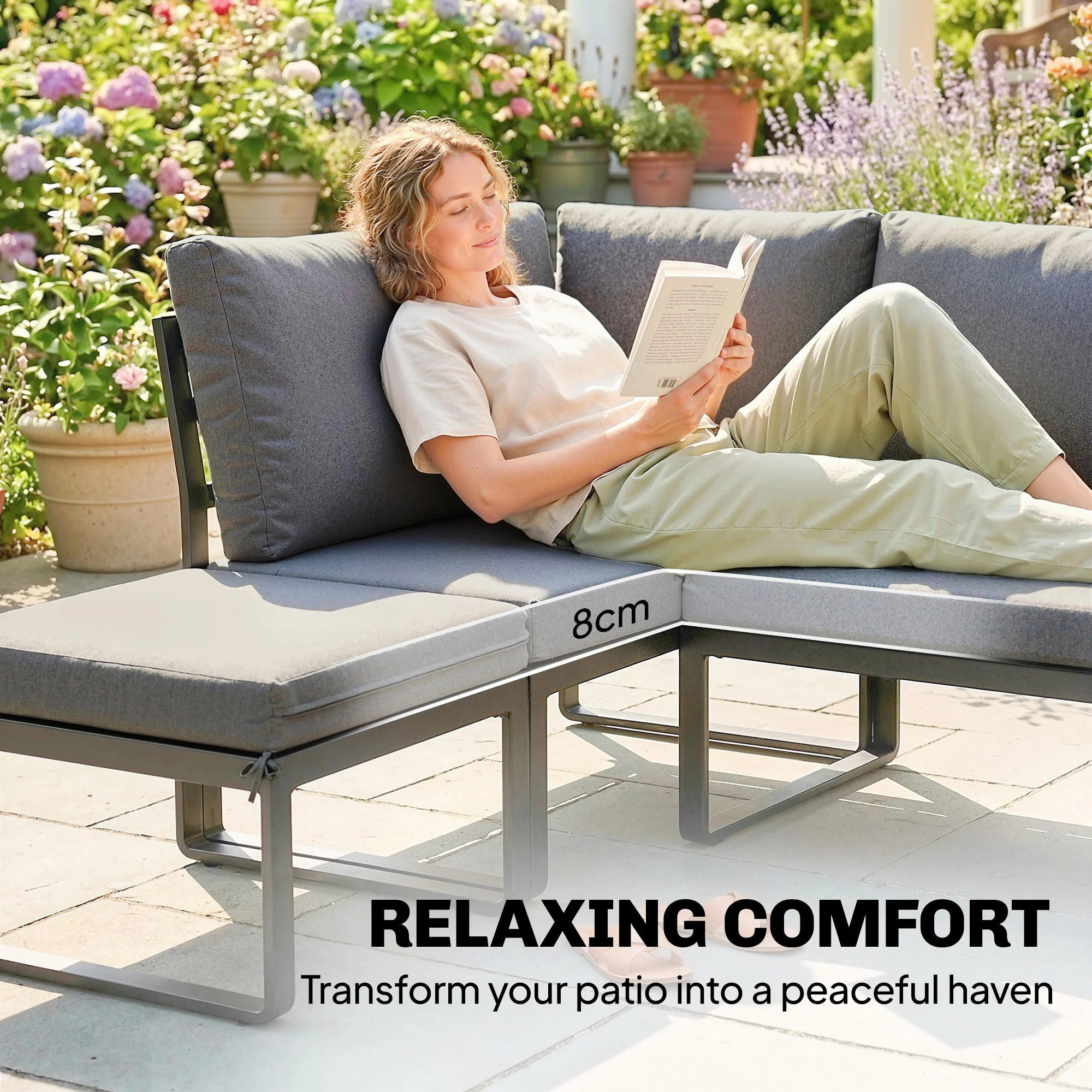 FlexNook 6-Piece Corner Sofa Set for 6-8, Aluminium Frame with Cushions, Grey - Image 9