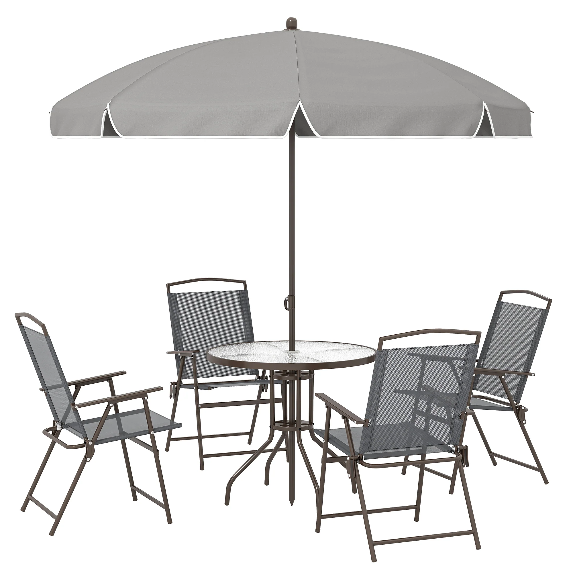 6 Piece Garden Dining Set with Umbrella and Folding Chairs, Dark Grey