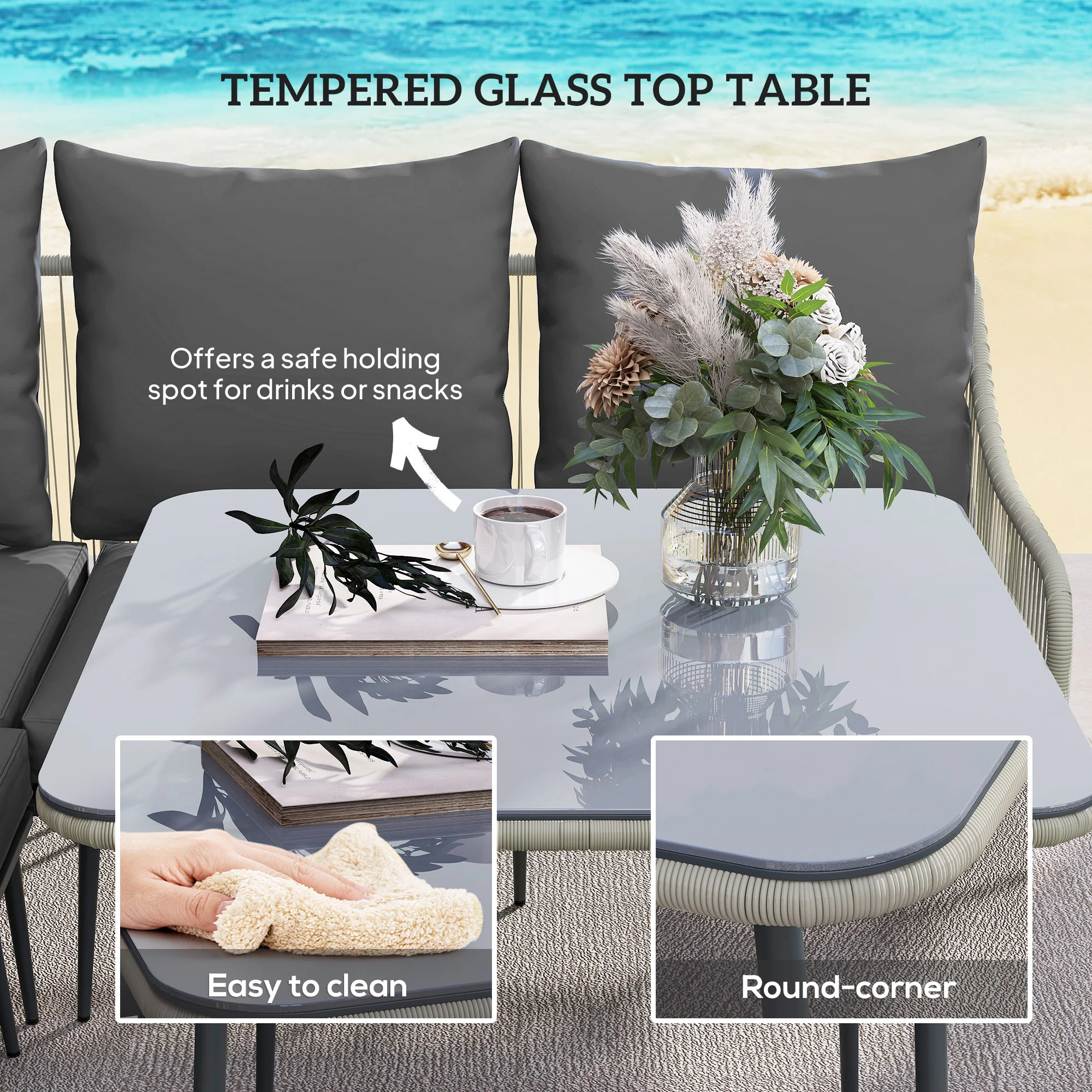6 Pieces Garden Corner Sofa Set w/ Thickened Cushions, Glass Top Table & Footstools, Light Grey - Image 8