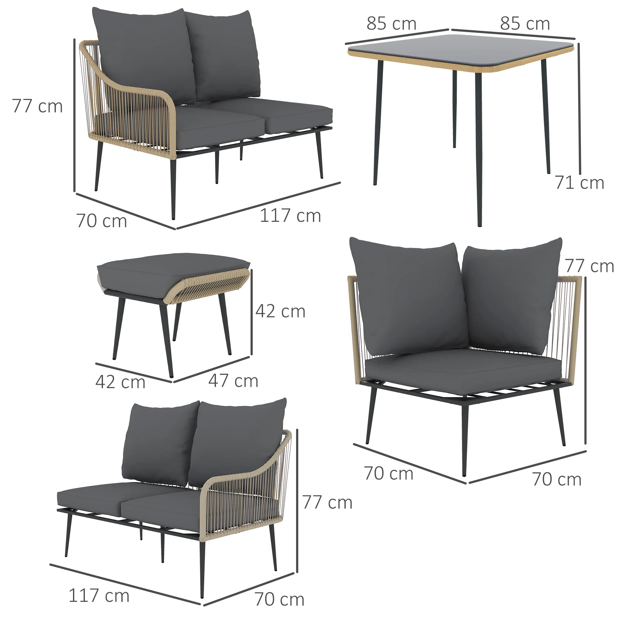 6 Pieces Garden Corner Sofa Set w/ Thickened Cushions, Glass Top Table & Footstools, Light Brown - Image 5