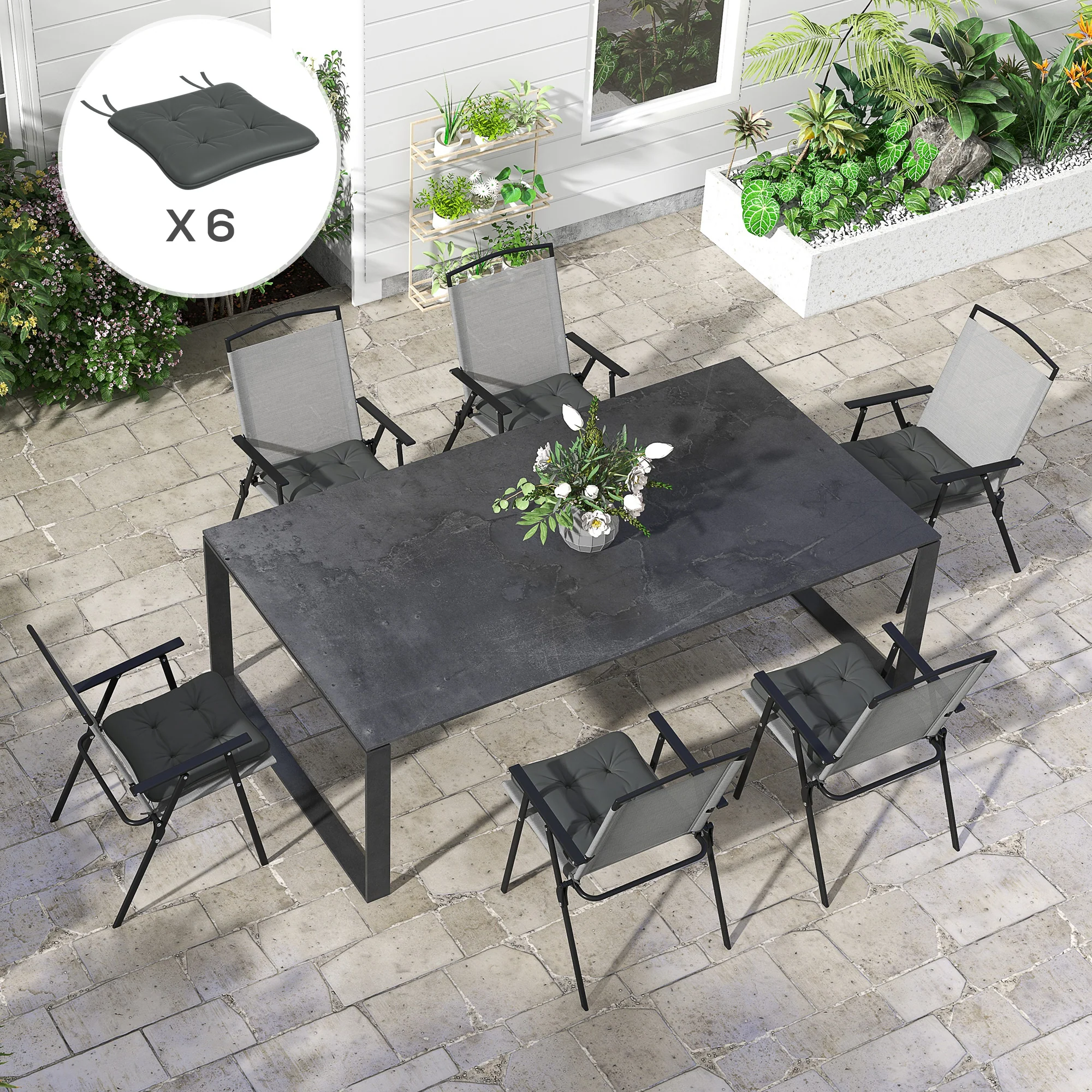 6-Piece Outdoor Seat Cushion Replacement Set with Ties, Button Tufted, Charcoal Grey - Image 3