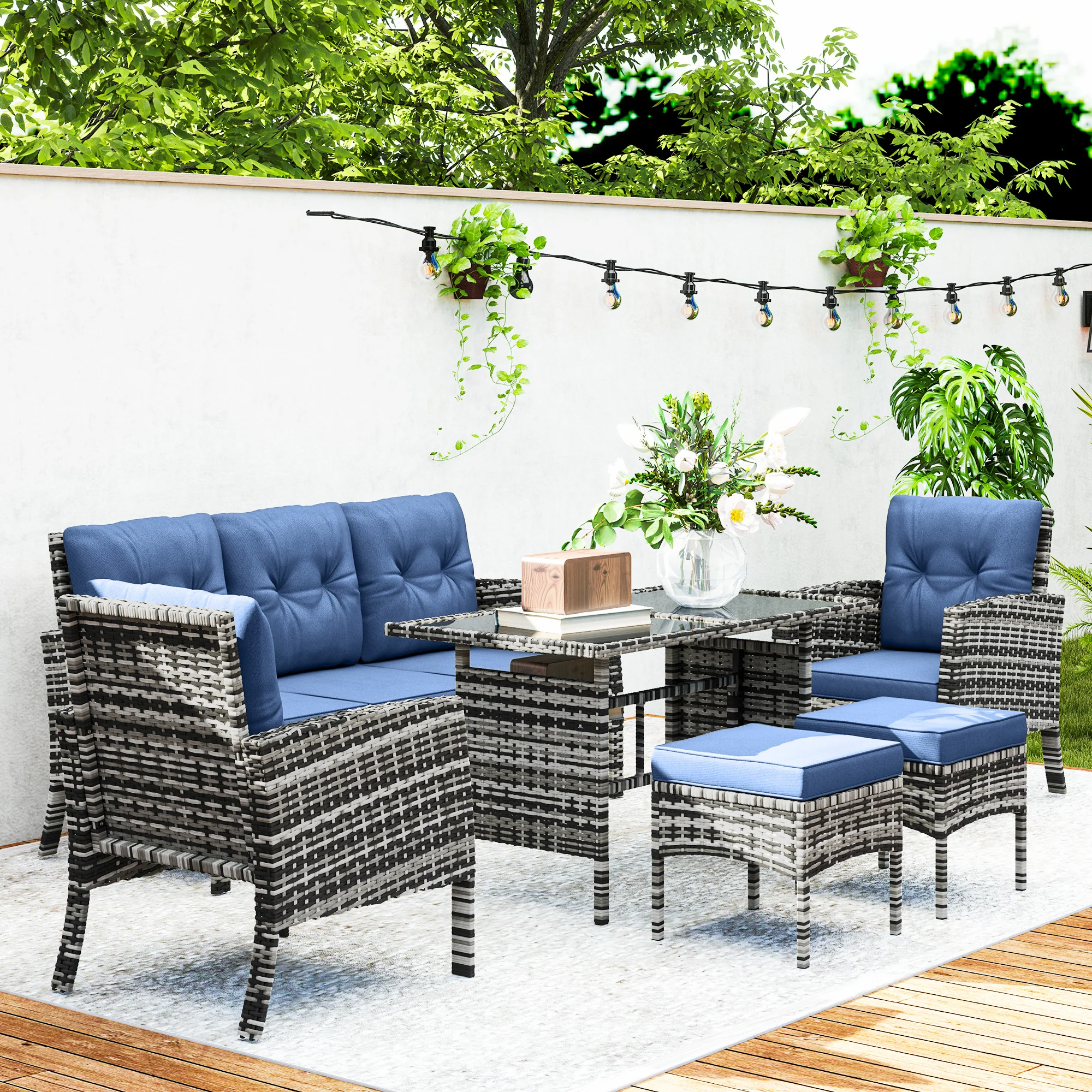 6-Piece Wicker Rattan Patio Sofa Set with Ottomans, Glass Top Table and Cushions, Navy Blue - Image 10