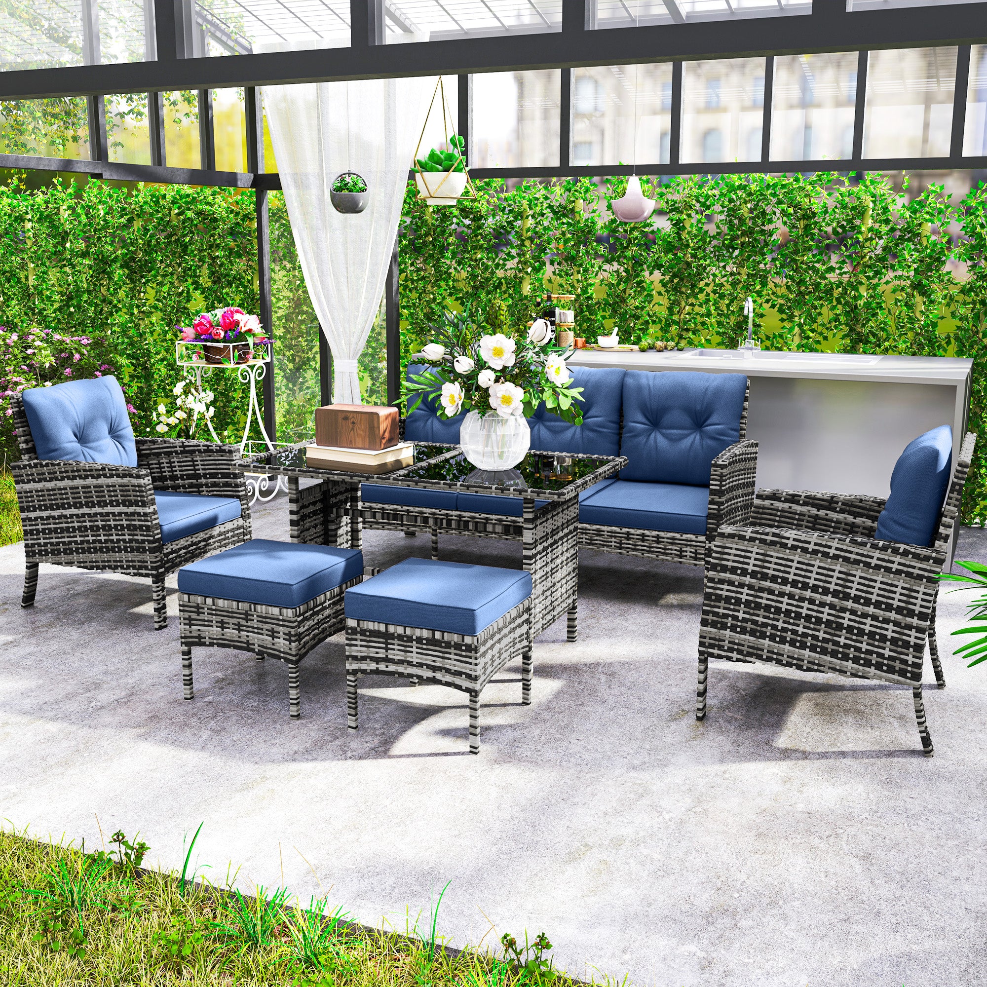 6-Piece Wicker Rattan Patio Sofa Set with Ottomans, Glass Top Table and Cushions, Navy Blue - Image 4