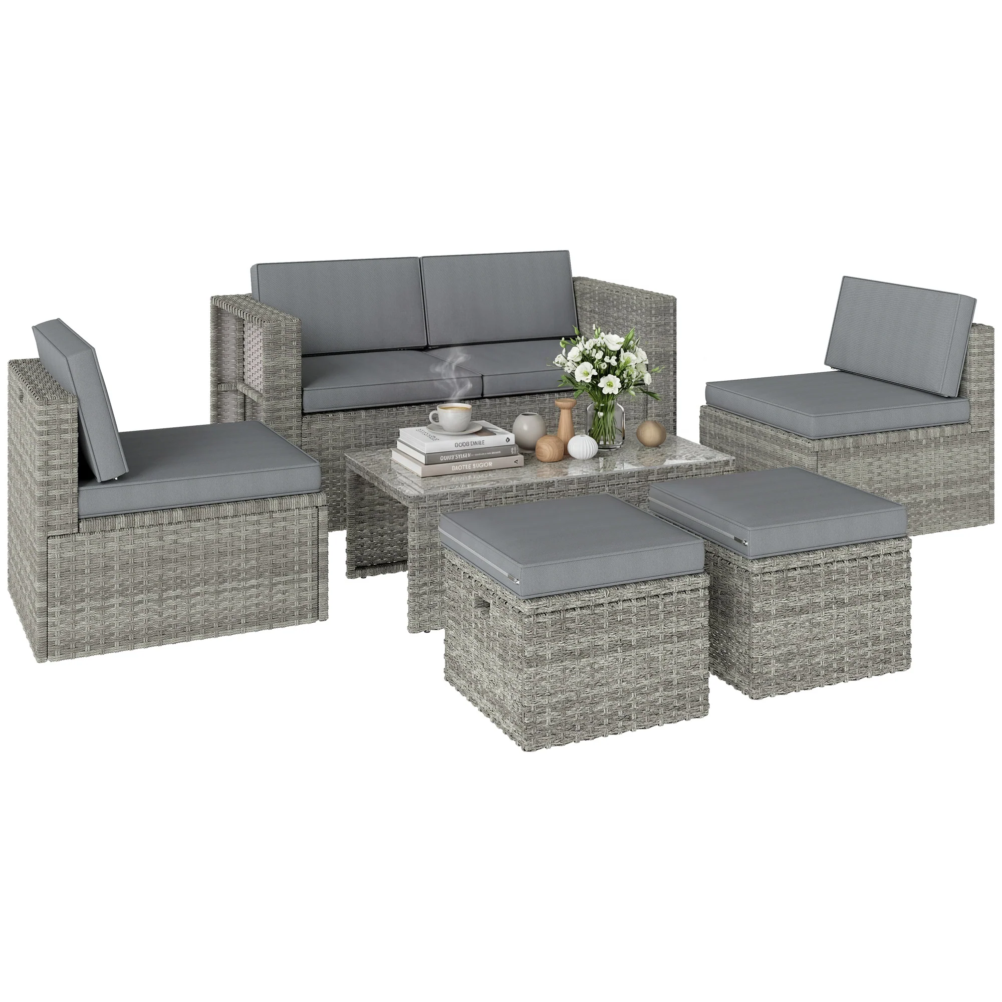 6 Piece Rattan Nesting Patio Set with Loveseat and Footstools, Dark Grey