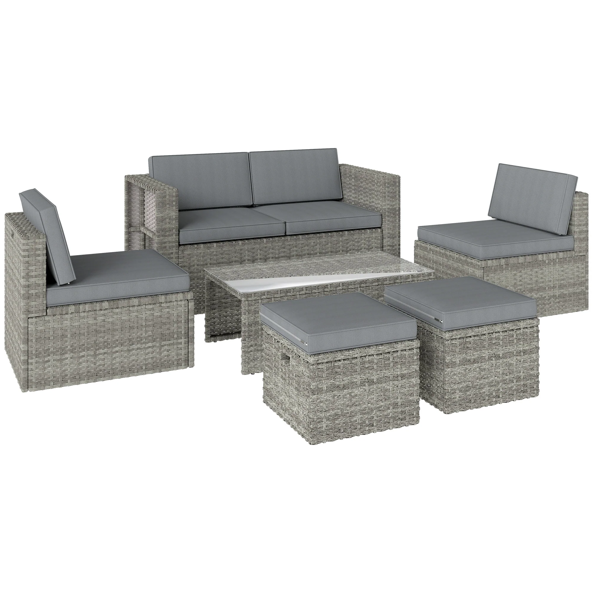 6 Piece Rattan Nesting Patio Set with Loveseat and Footstools, Dark Grey - Image 12
