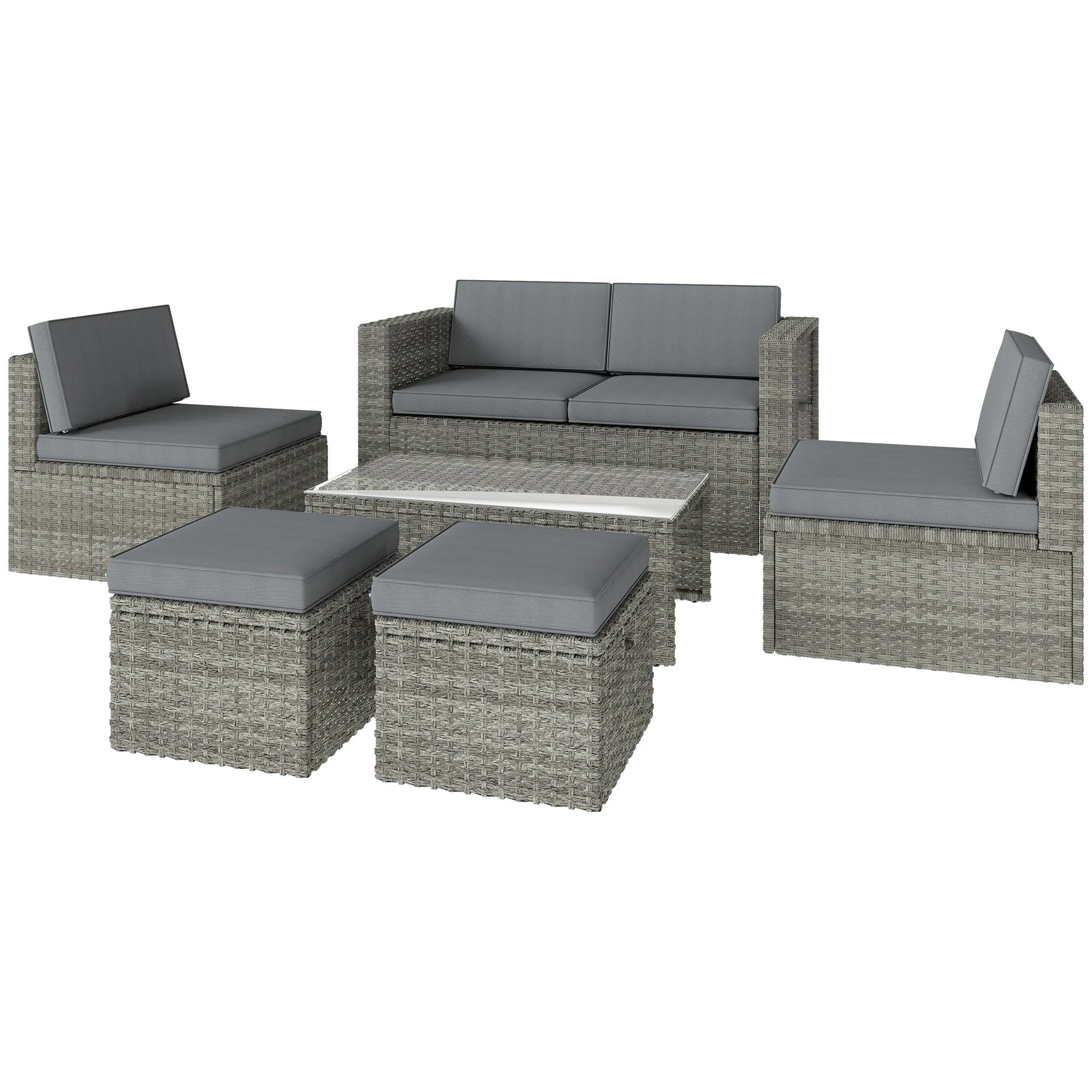 6 Piece Rattan Nesting Patio Set with Loveseat and Footstools, Dark Grey - Image 2
