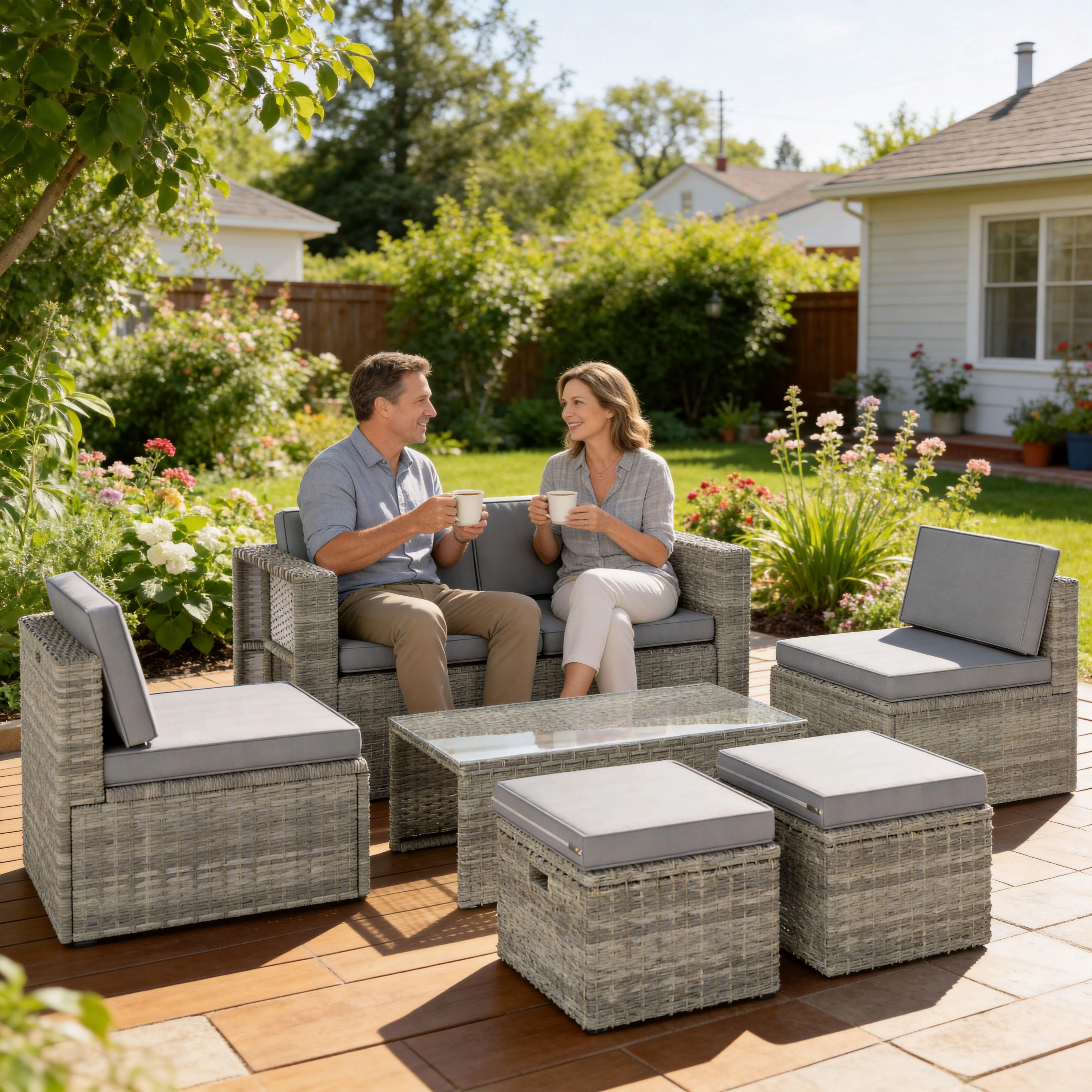 6 Piece Rattan Nesting Patio Set with Loveseat and Footstools, Dark Grey - Image 4