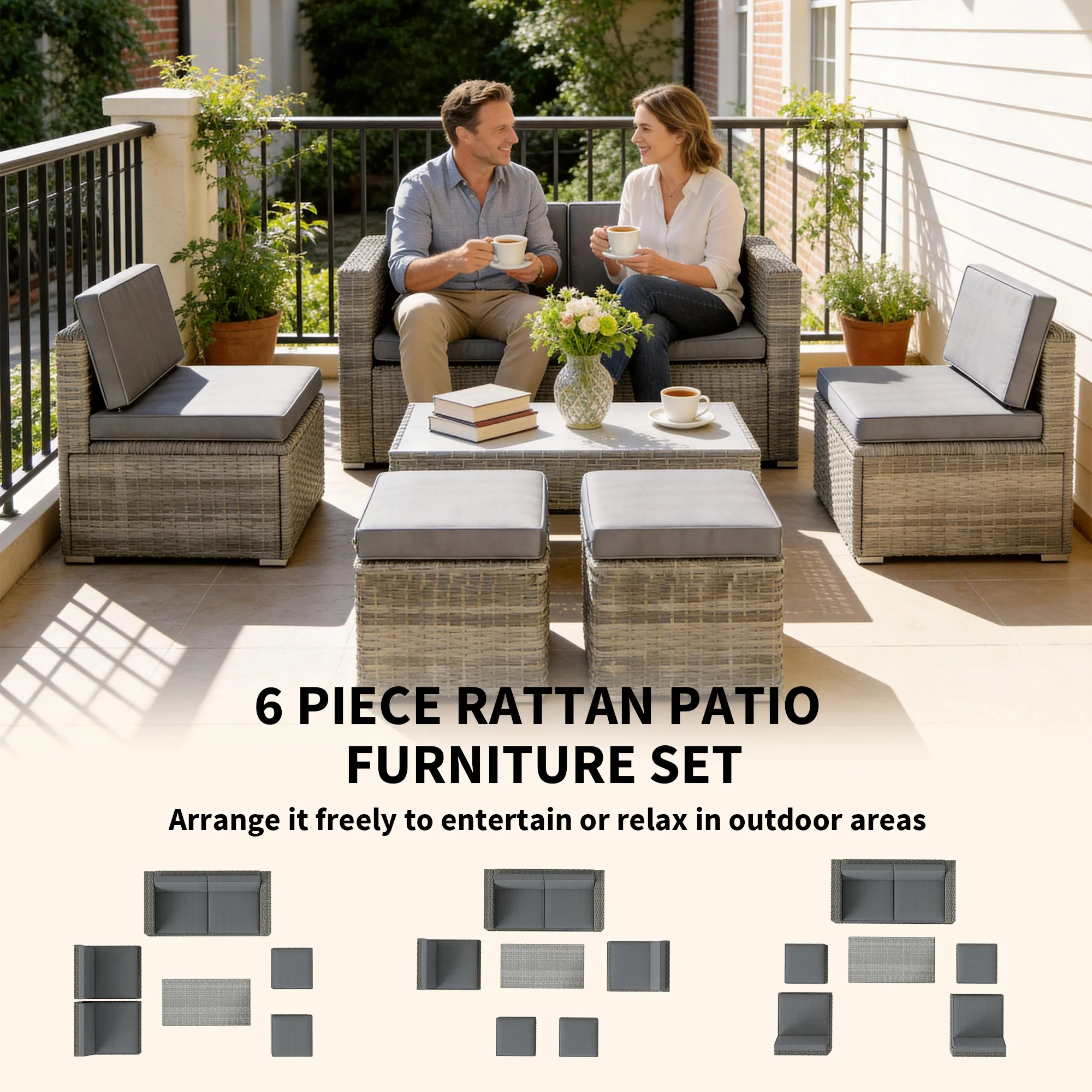 6 Piece Rattan Nesting Patio Set with Loveseat and Footstools, Dark Grey - Image 6