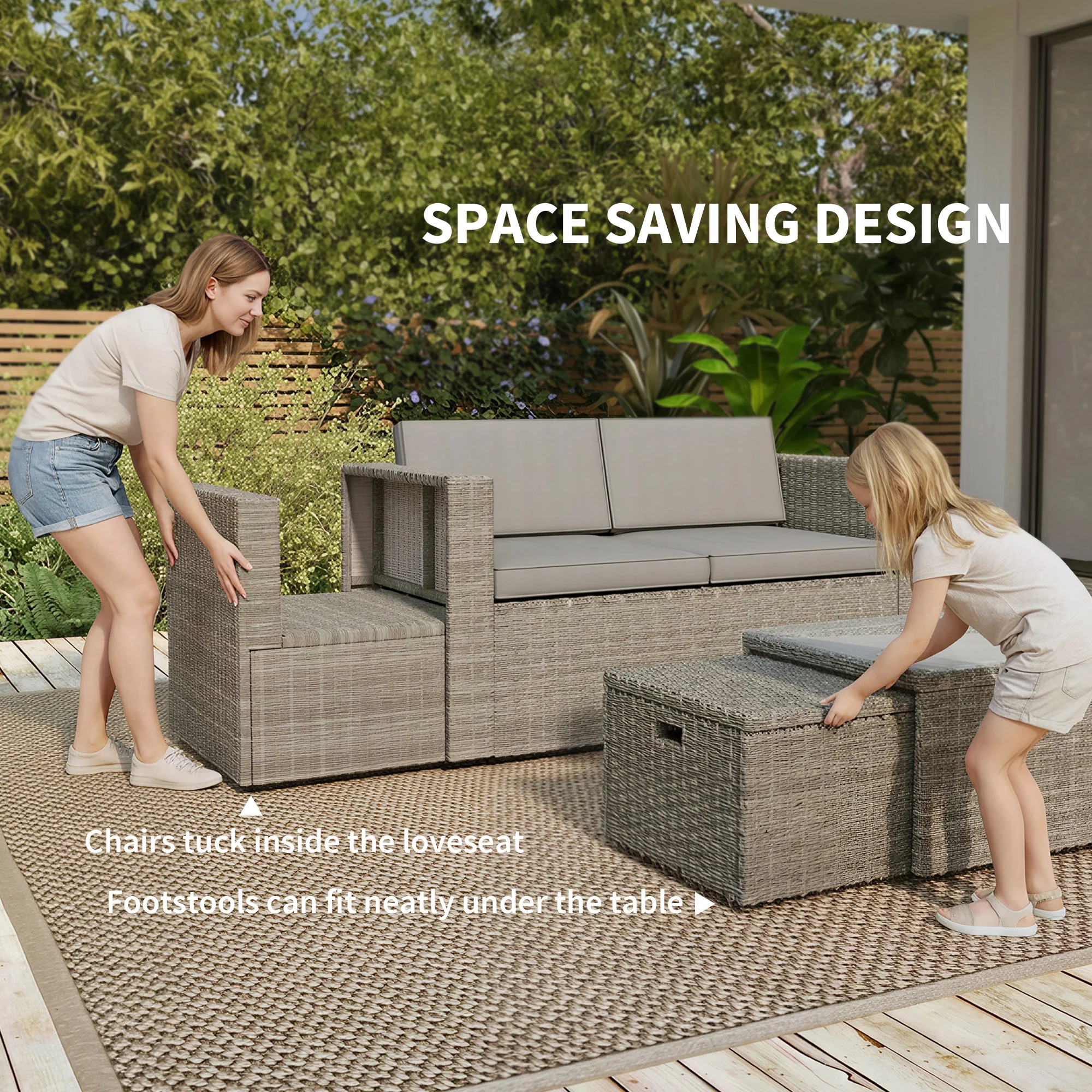 6 Piece Rattan Nesting Patio Set with Loveseat and Footstools, Dark Grey - Image 7