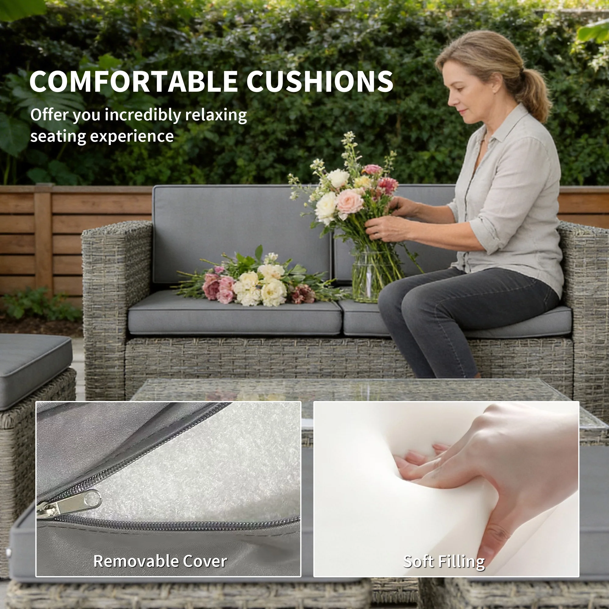 6 Piece Rattan Nesting Patio Set with Loveseat and Footstools, Dark Grey - Image 9