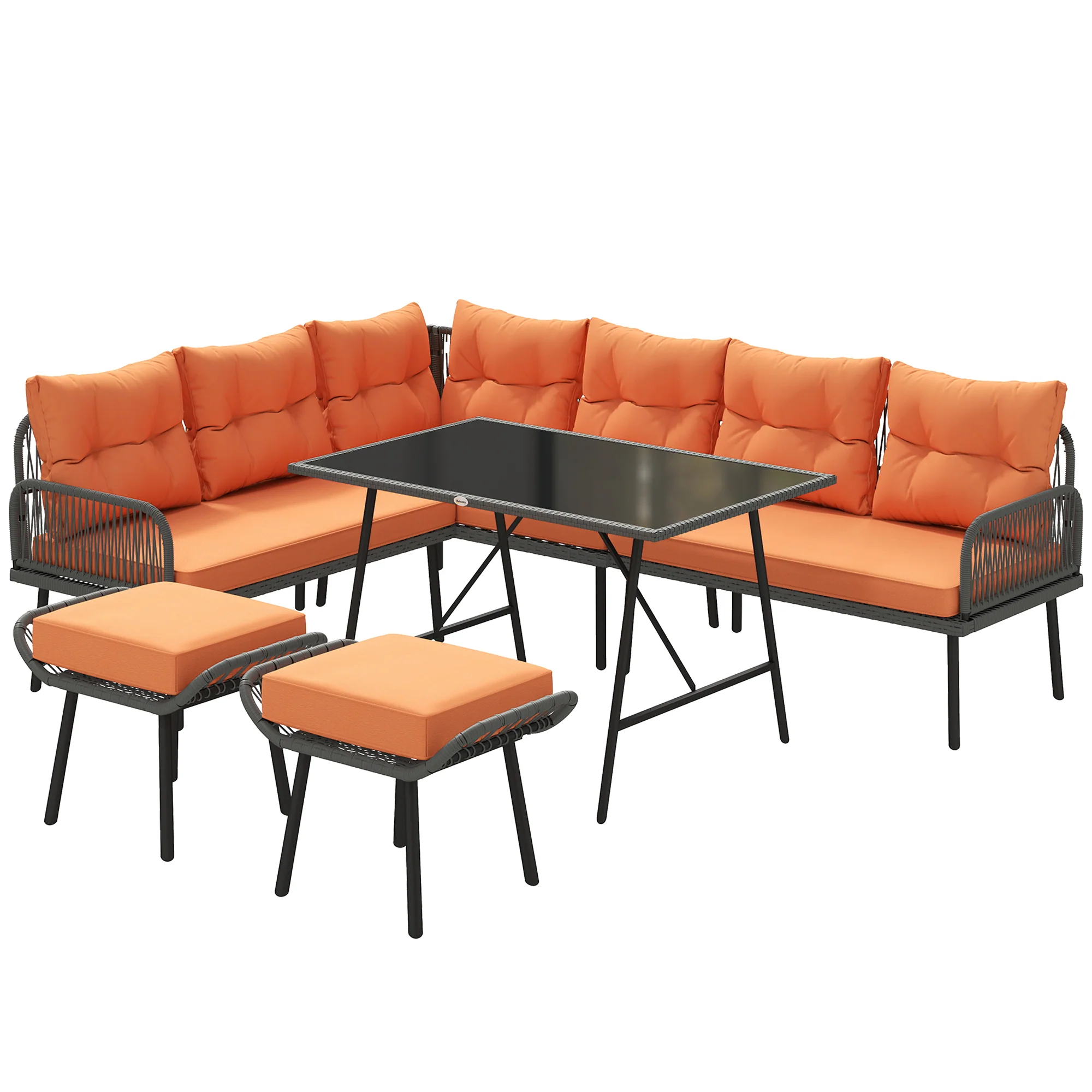 6-Piece 8-Seater Orange Rattan Corner Sofa Set with Cushions & Glass Table - Image 12