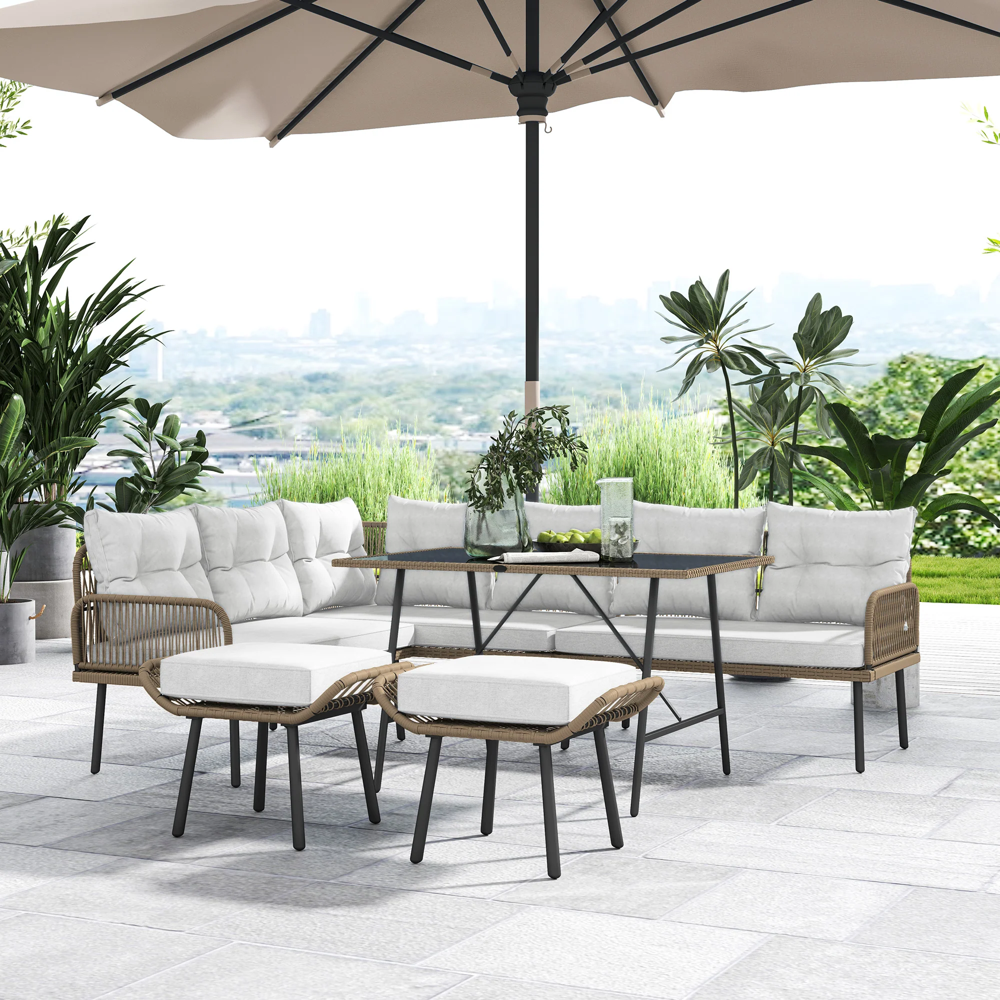 6 Piece Rattan Garden Furniture Set, 8 Seater Corner Sofa with Glass Table, Cream White - Image 10