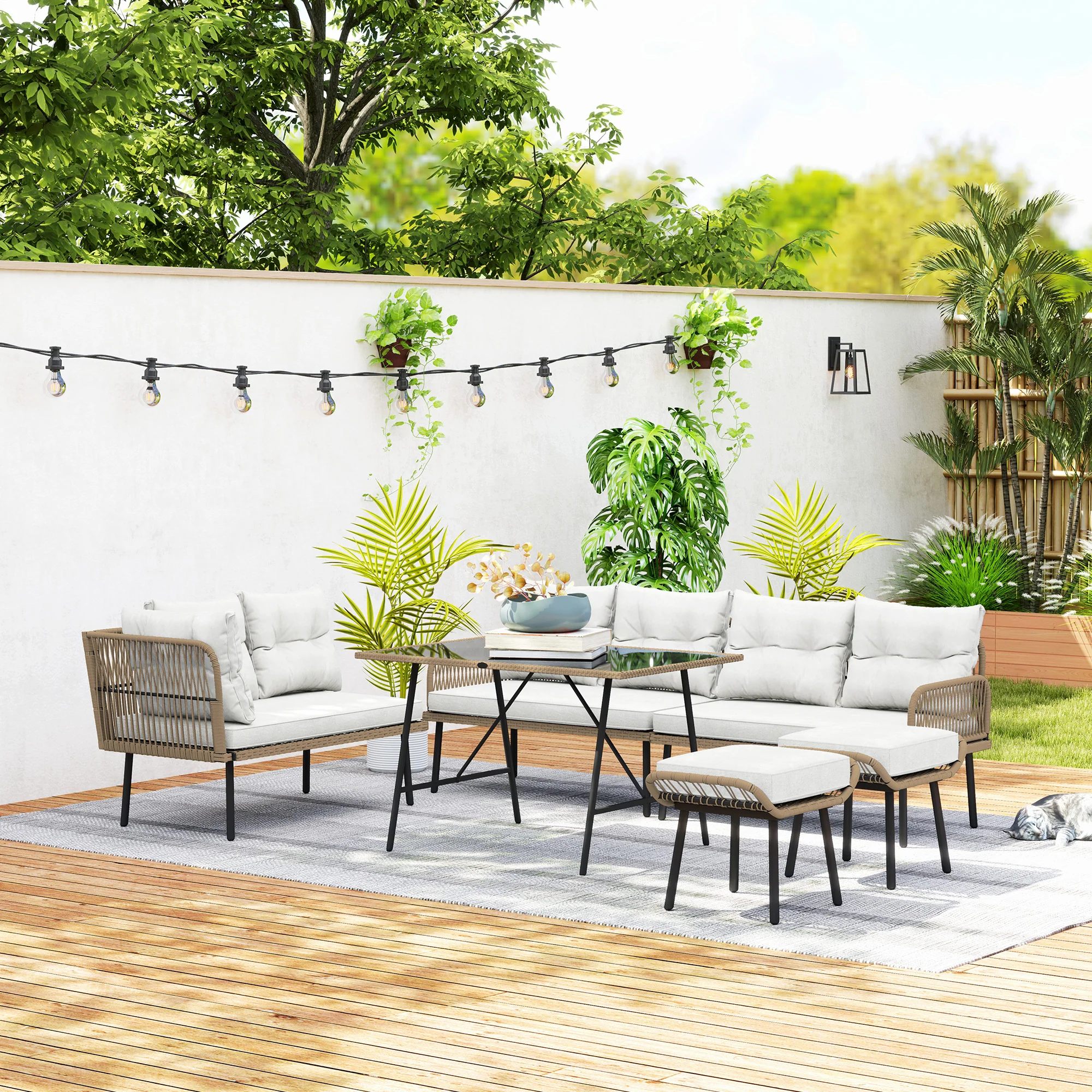 6 Piece Rattan Garden Furniture Set, 8 Seater Corner Sofa with Glass Table, Cream White - Image 11