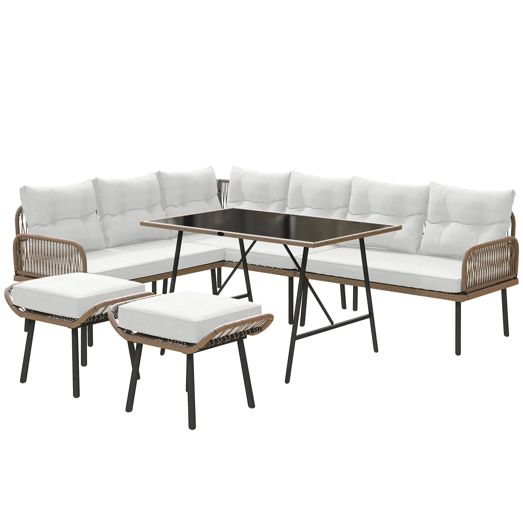 6 Piece Rattan Garden Furniture Set, 8 Seater Corner Sofa with Glass Table, Cream White - Image 12