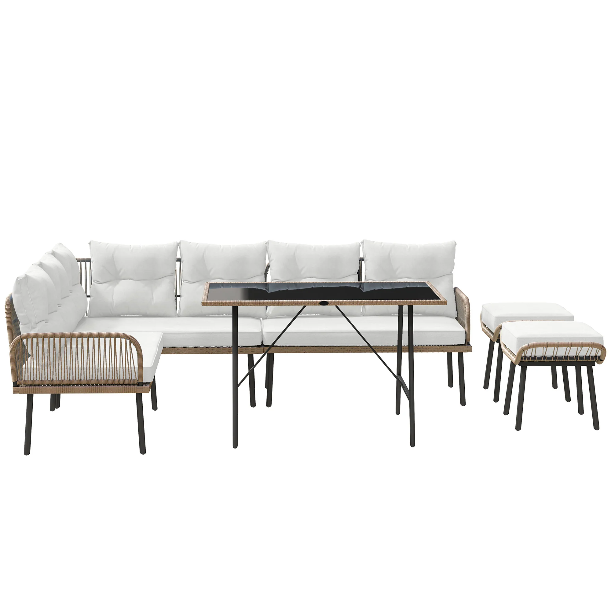 6 Piece Rattan Garden Furniture Set, 8 Seater Corner Sofa with Glass Table, Cream White - Image 2