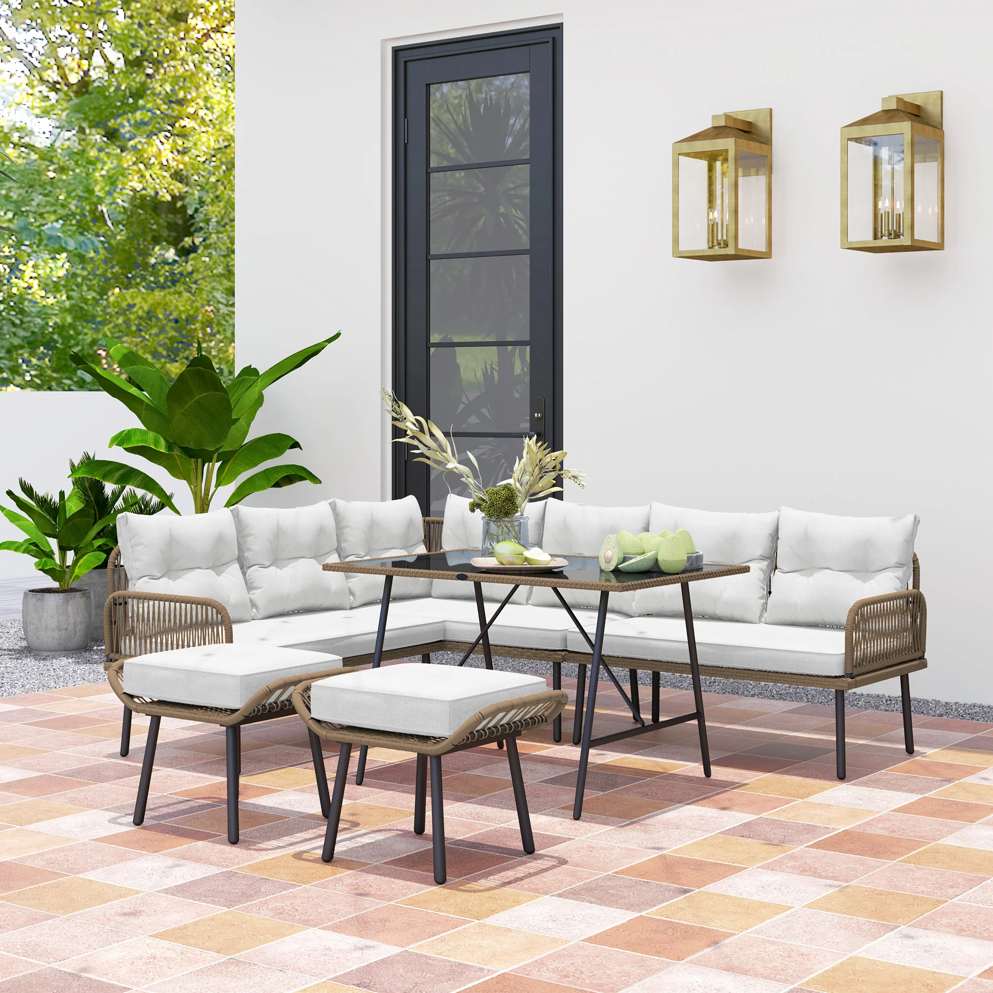 6 Piece Rattan Garden Furniture Set, 8 Seater Corner Sofa with Glass Table, Cream White - Image 3