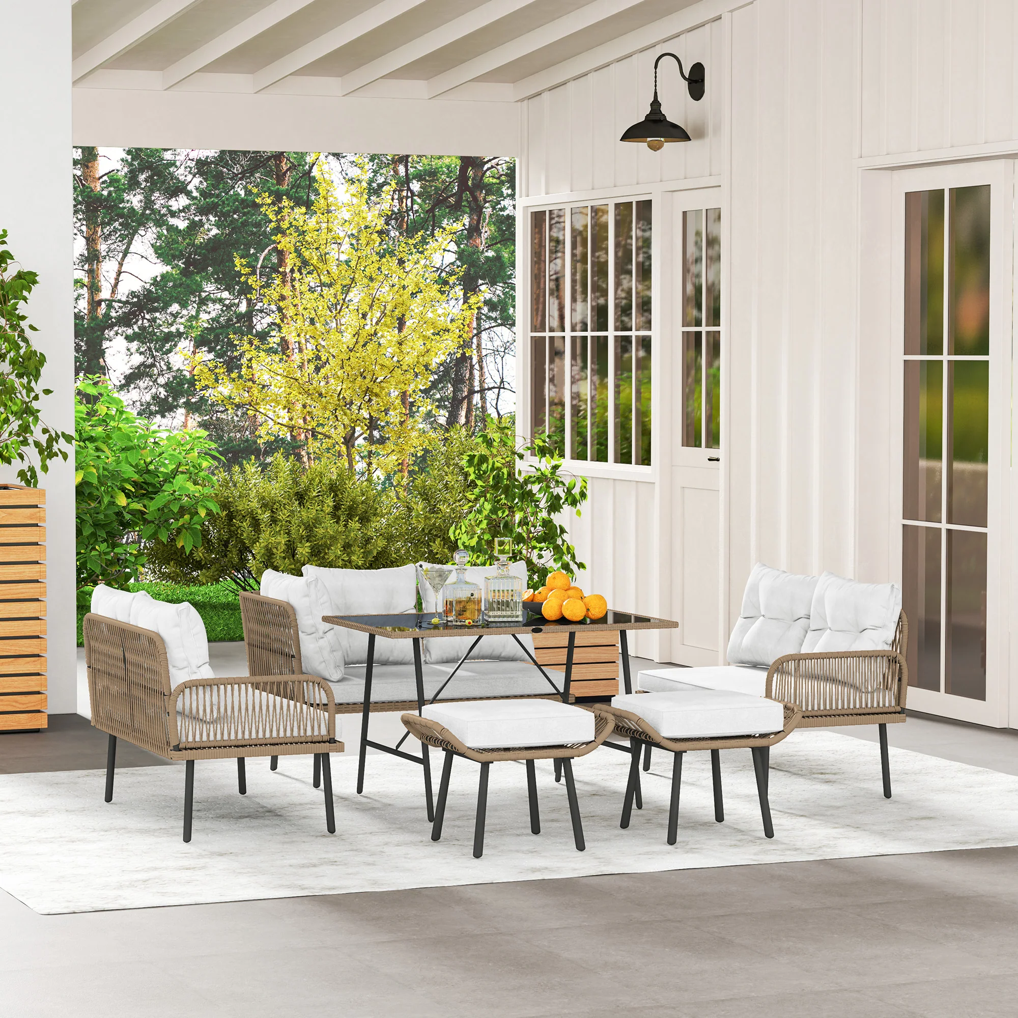 6 Piece Rattan Garden Furniture Set, 8 Seater Corner Sofa with Glass Table, Cream White - Image 4