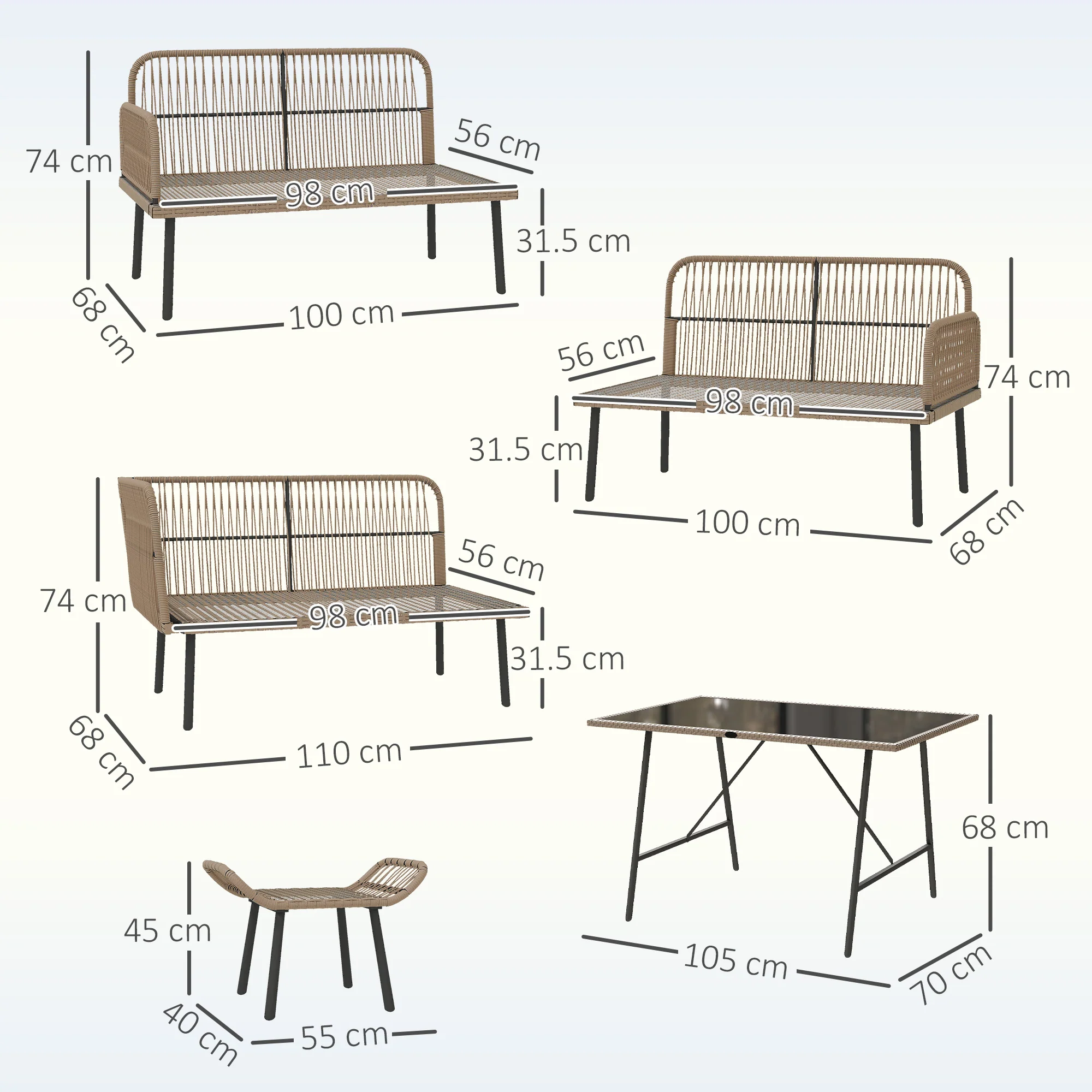 6 Piece Rattan Garden Furniture Set, 8 Seater Corner Sofa with Glass Table, Cream White - Image 5