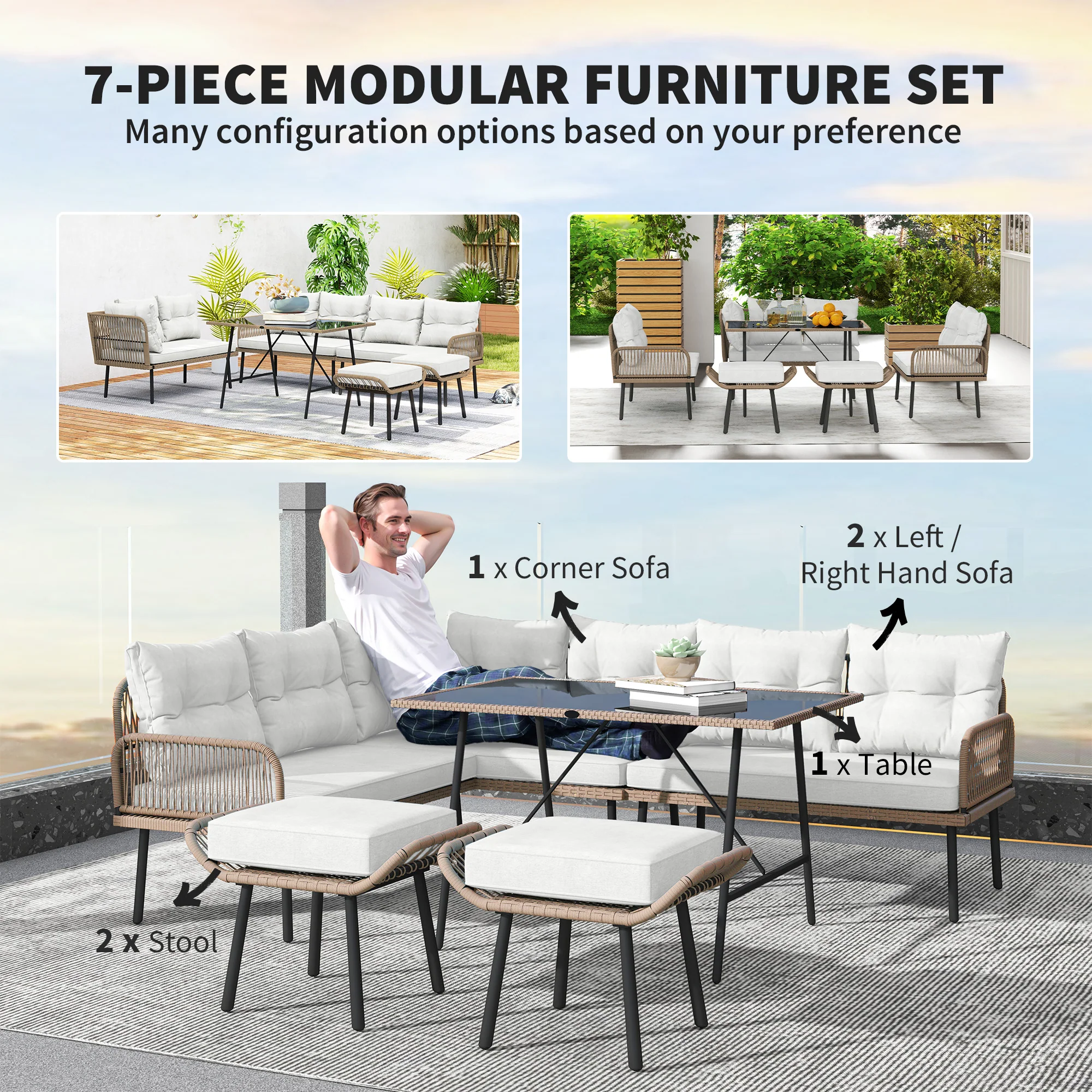 6 Piece Rattan Garden Furniture Set, 8 Seater Corner Sofa with Glass Table, Cream White - Image 6
