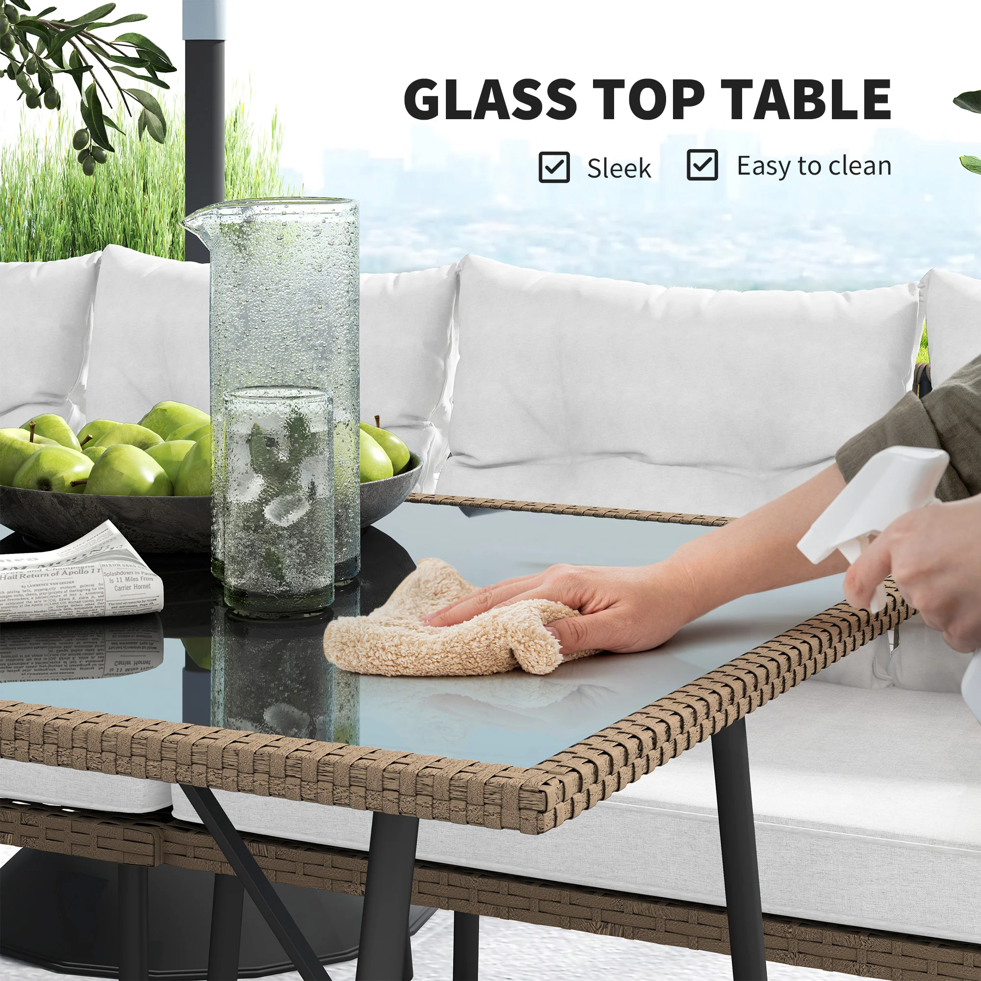 6 Piece Rattan Garden Furniture Set, 8 Seater Corner Sofa with Glass Table, Cream White - Image 9