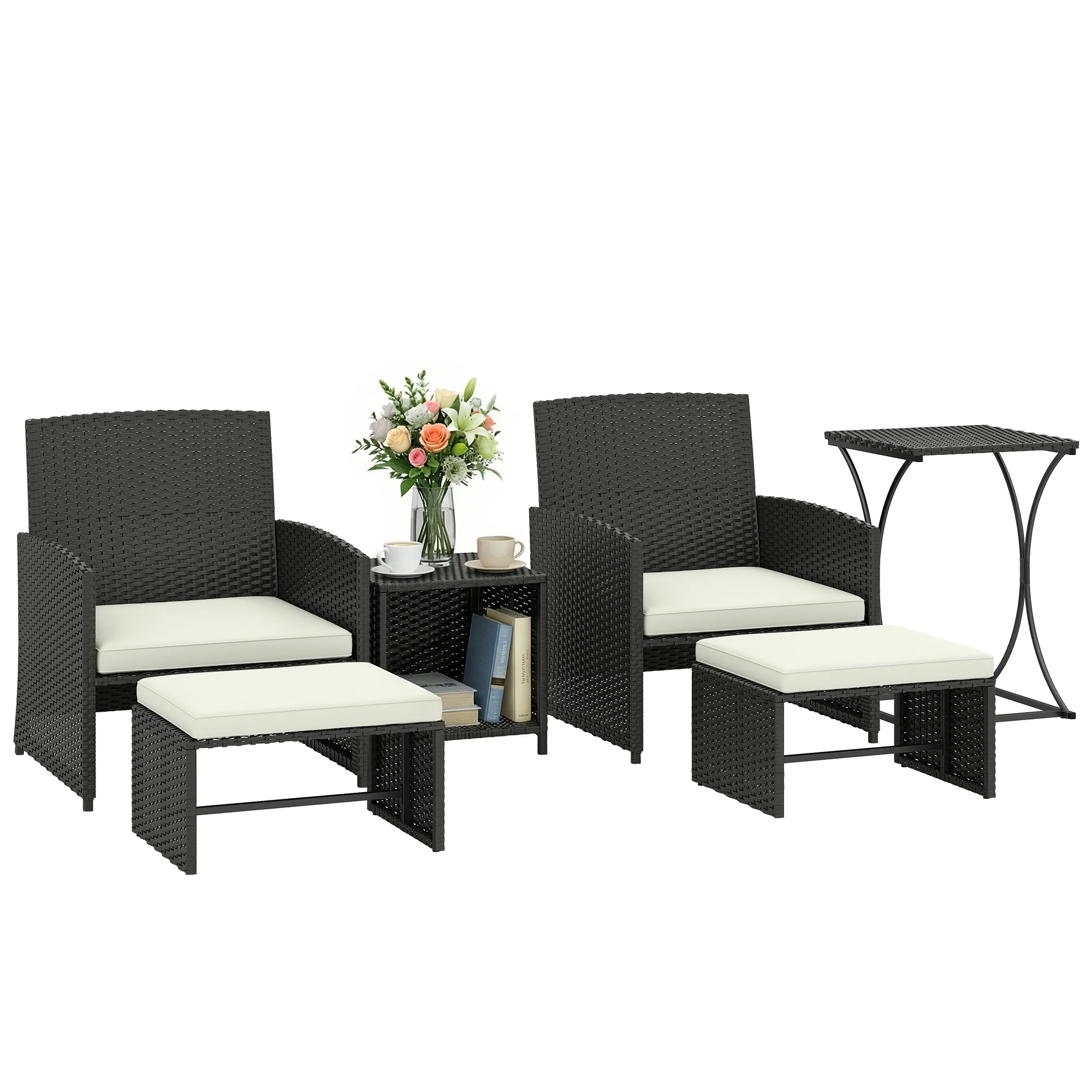 6 Piece Rattan Garden Furniture Set with 2 Nesting Tables, Black