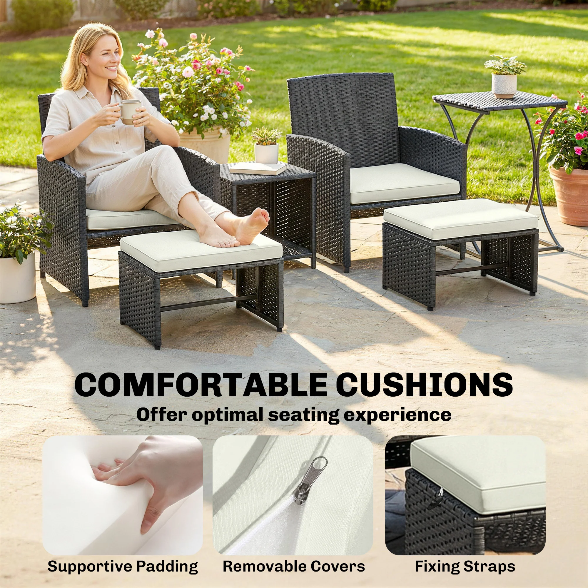 6 Piece Rattan Garden Furniture Set with 2 Nesting Tables, Black - Image 10