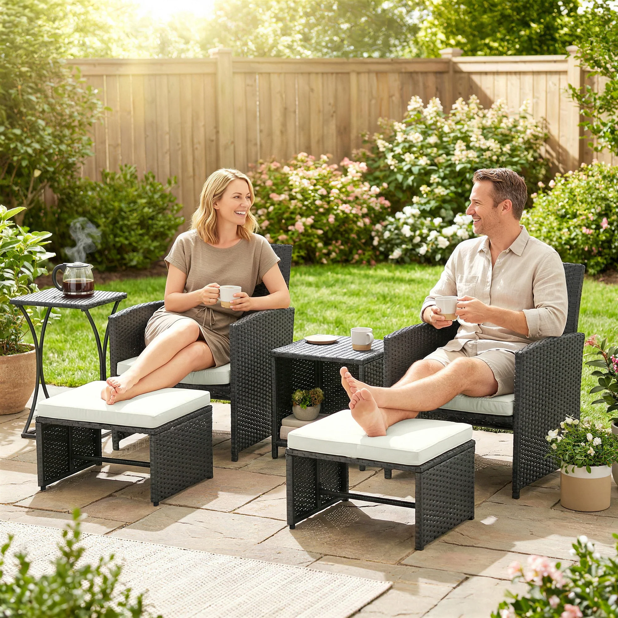 6 Piece Rattan Garden Furniture Set with 2 Nesting Tables, Black - Image 11