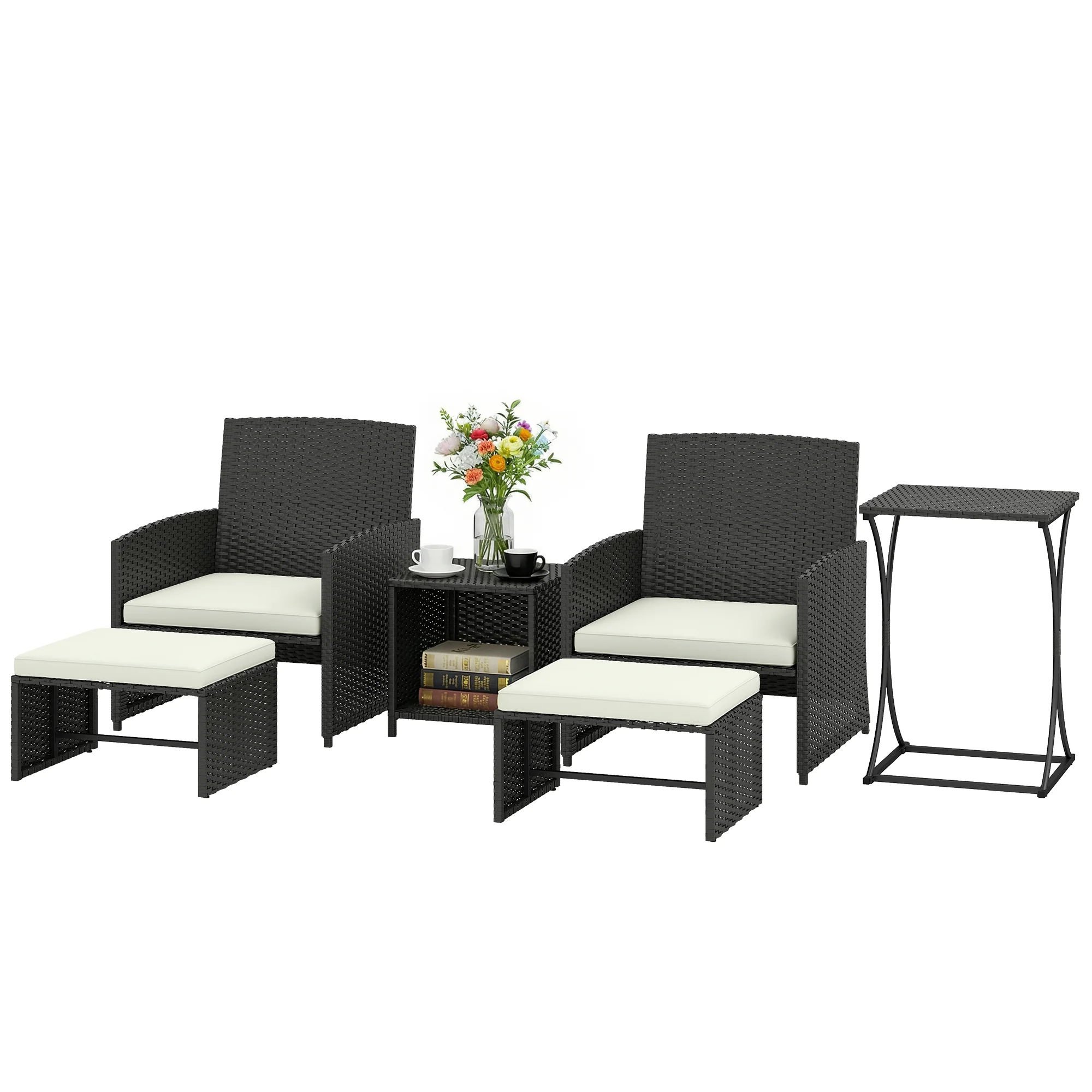 6 Piece Rattan Garden Furniture Set with 2 Nesting Tables, Black - Image 2