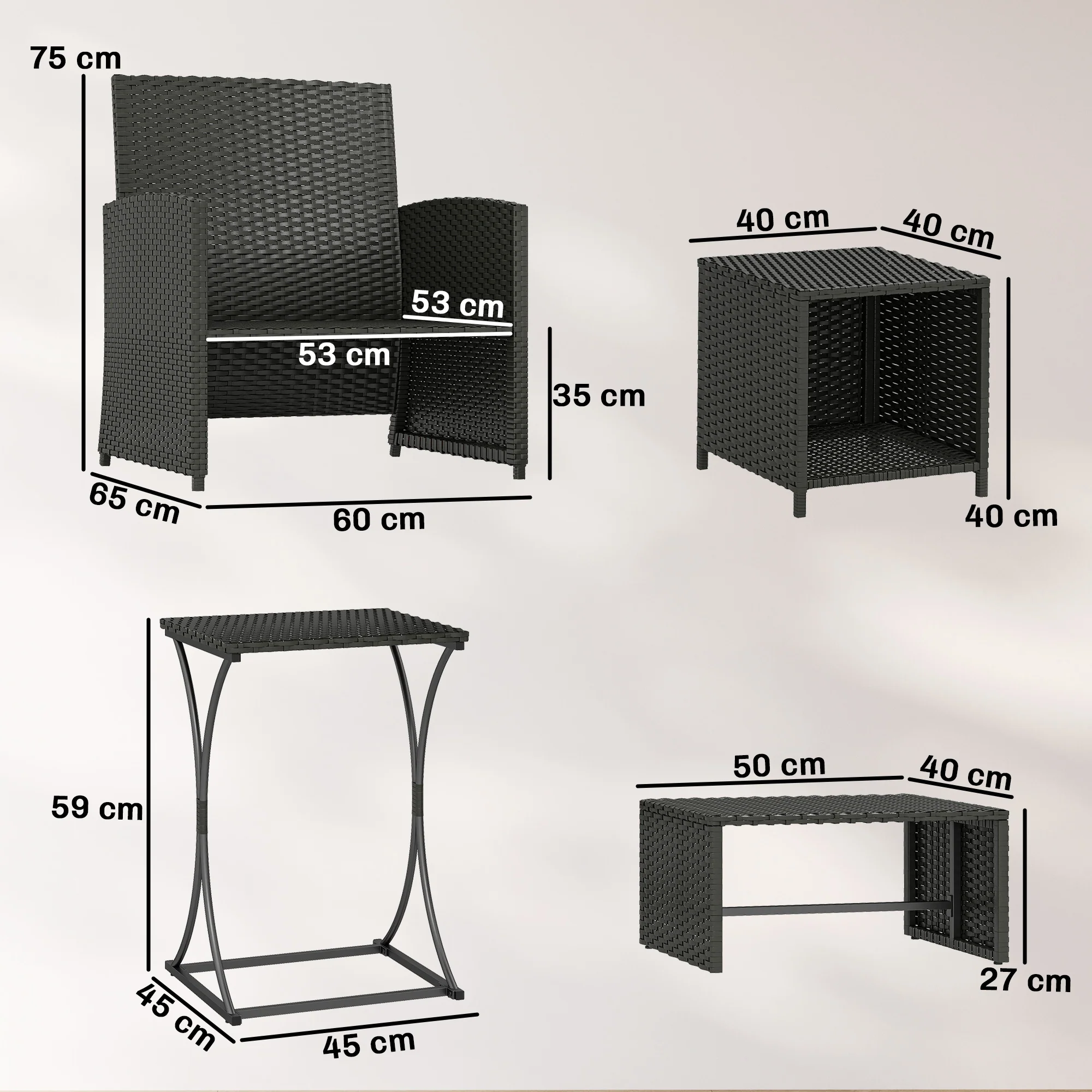 6 Piece Rattan Garden Furniture Set with 2 Nesting Tables, Black - Image 5