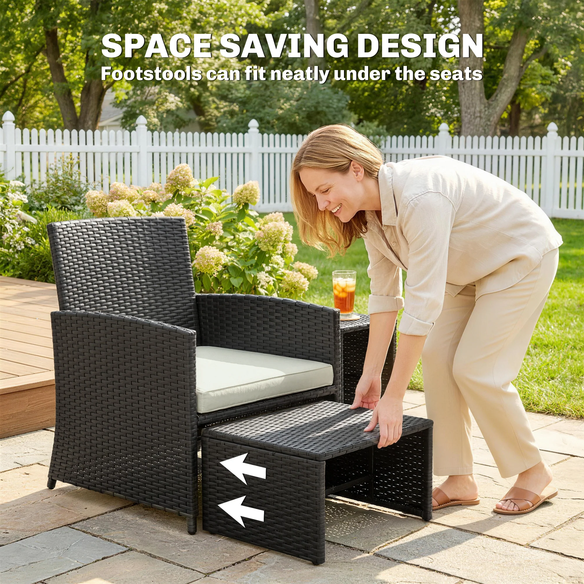 6 Piece Rattan Garden Furniture Set with 2 Nesting Tables, Black - Image 6