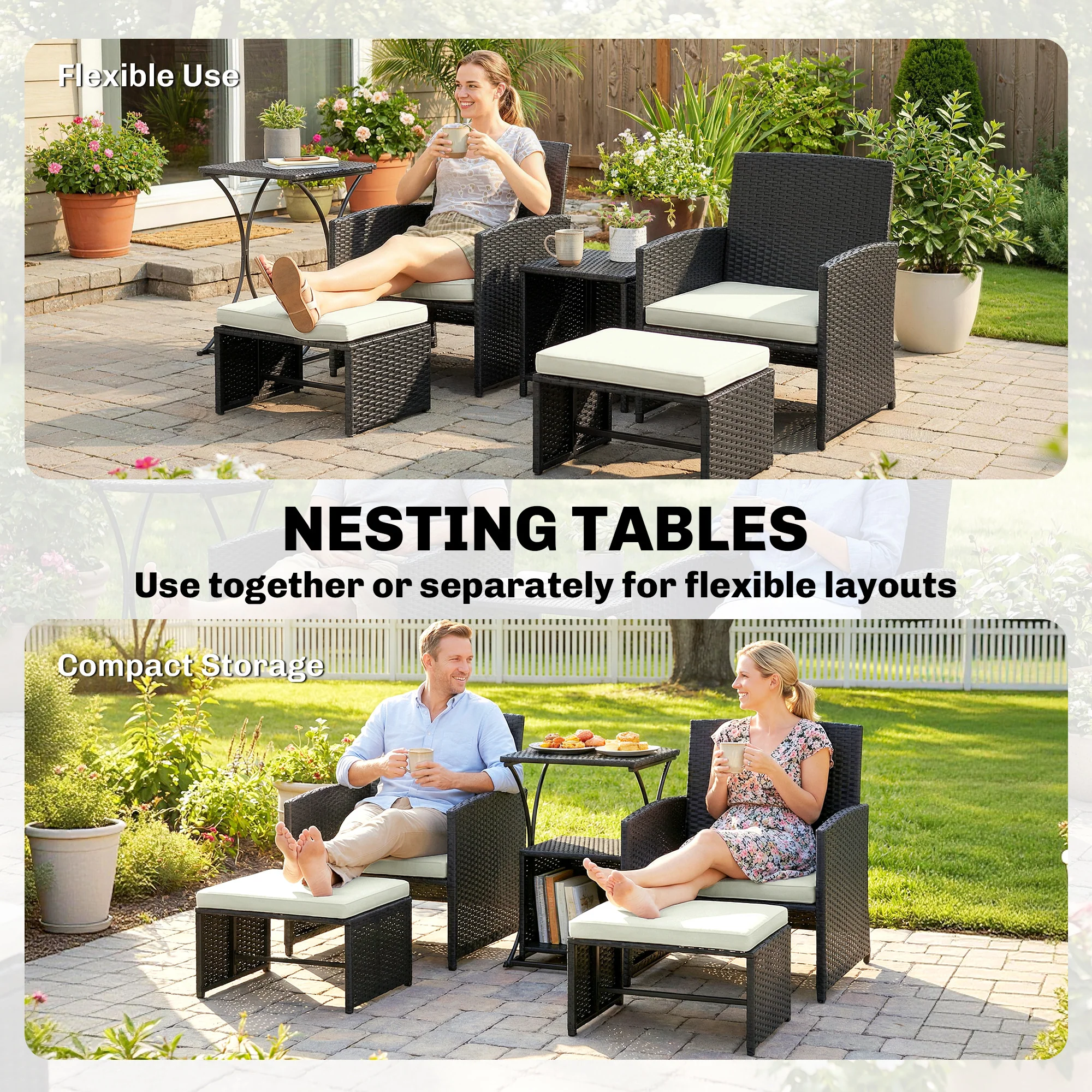 6 Piece Rattan Garden Furniture Set with 2 Nesting Tables, Black - Image 7