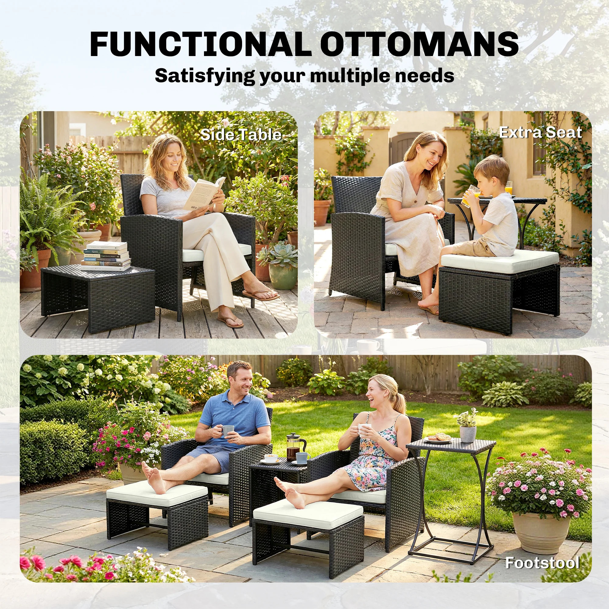 6 Piece Rattan Garden Furniture Set with 2 Nesting Tables, Black - Image 9
