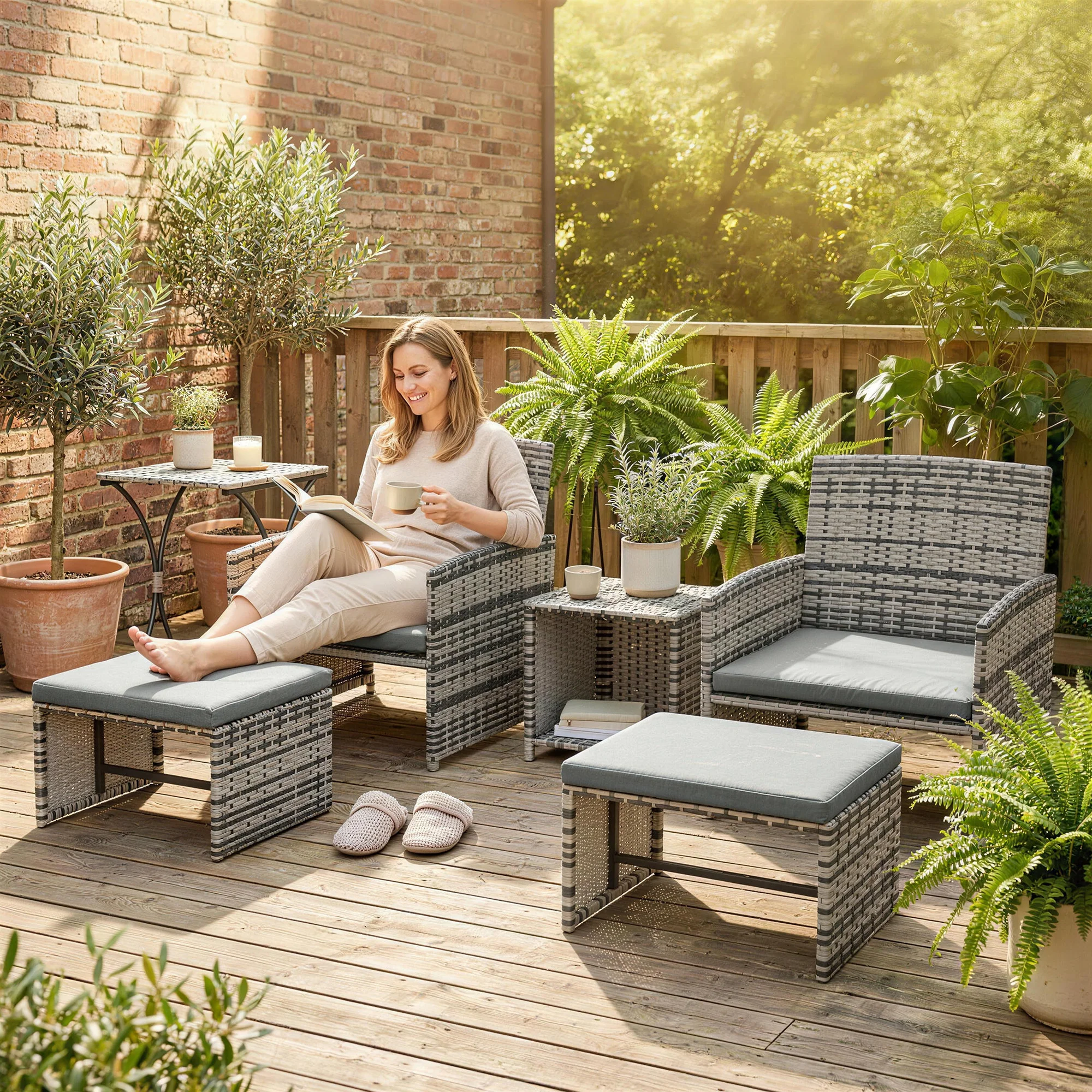 6 Piece Rattan Garden Furniture Set with 2 Nesting Tables, Grey - Image 4
