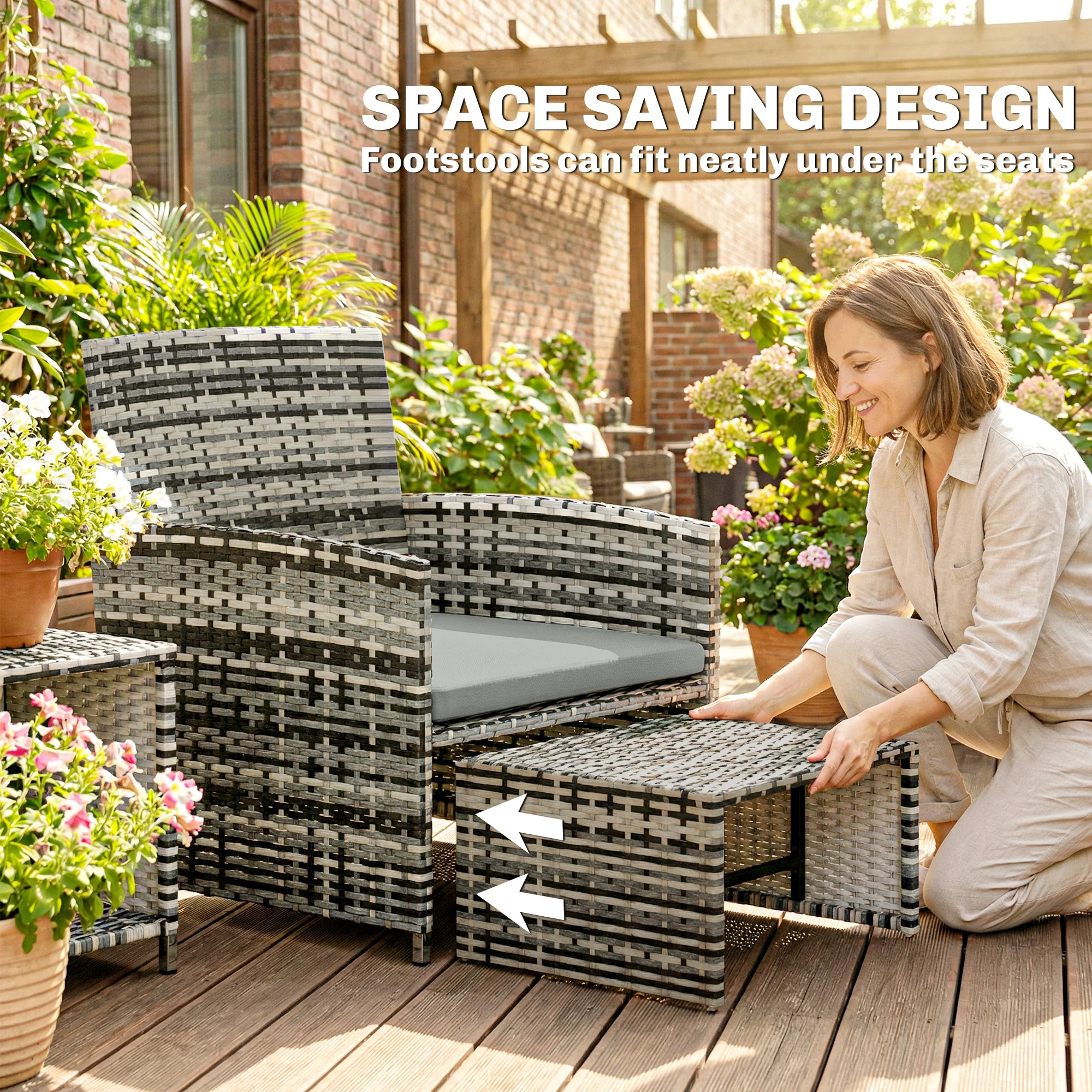 6 Piece Rattan Garden Furniture Set with 2 Nesting Tables, Grey - Image 6