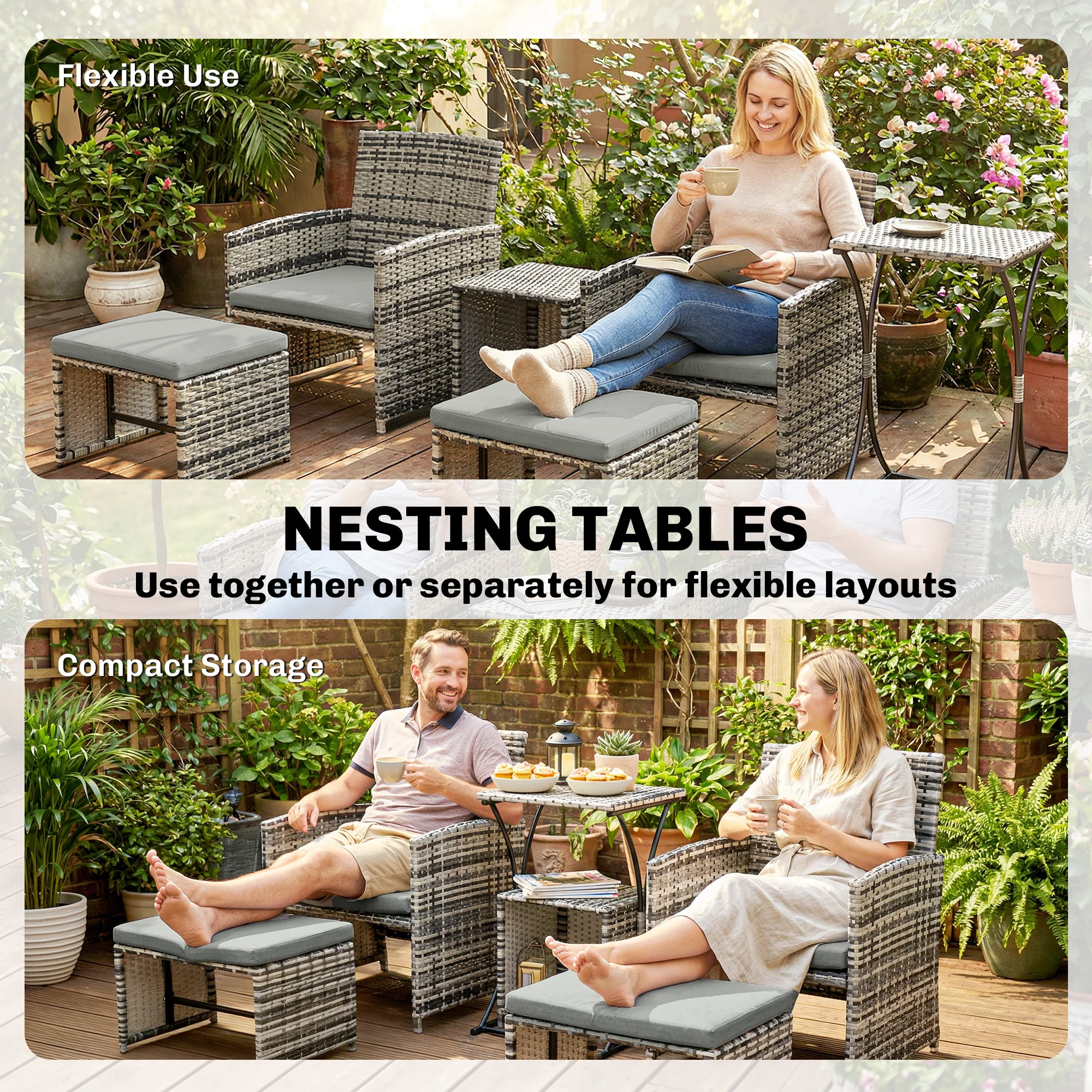 6 Piece Rattan Garden Furniture Set with 2 Nesting Tables, Grey - Image 7