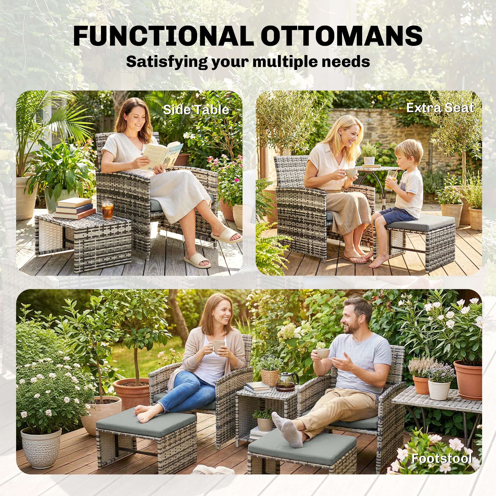 6 Piece Rattan Garden Furniture Set with 2 Nesting Tables, Grey - Image 9