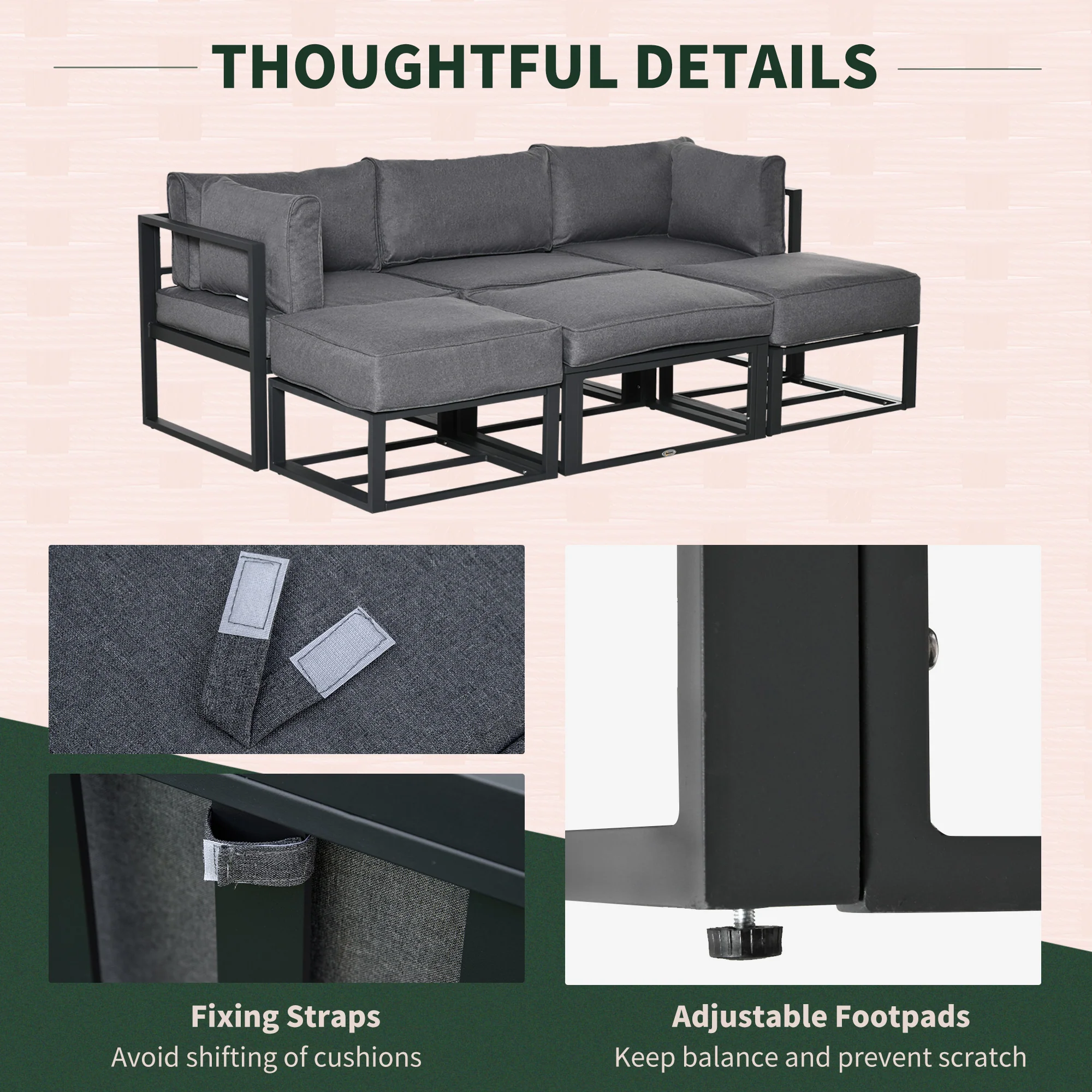 6pc Outdoor Patio Furniture Set with Daybed and Footstools, Grey - Image 10