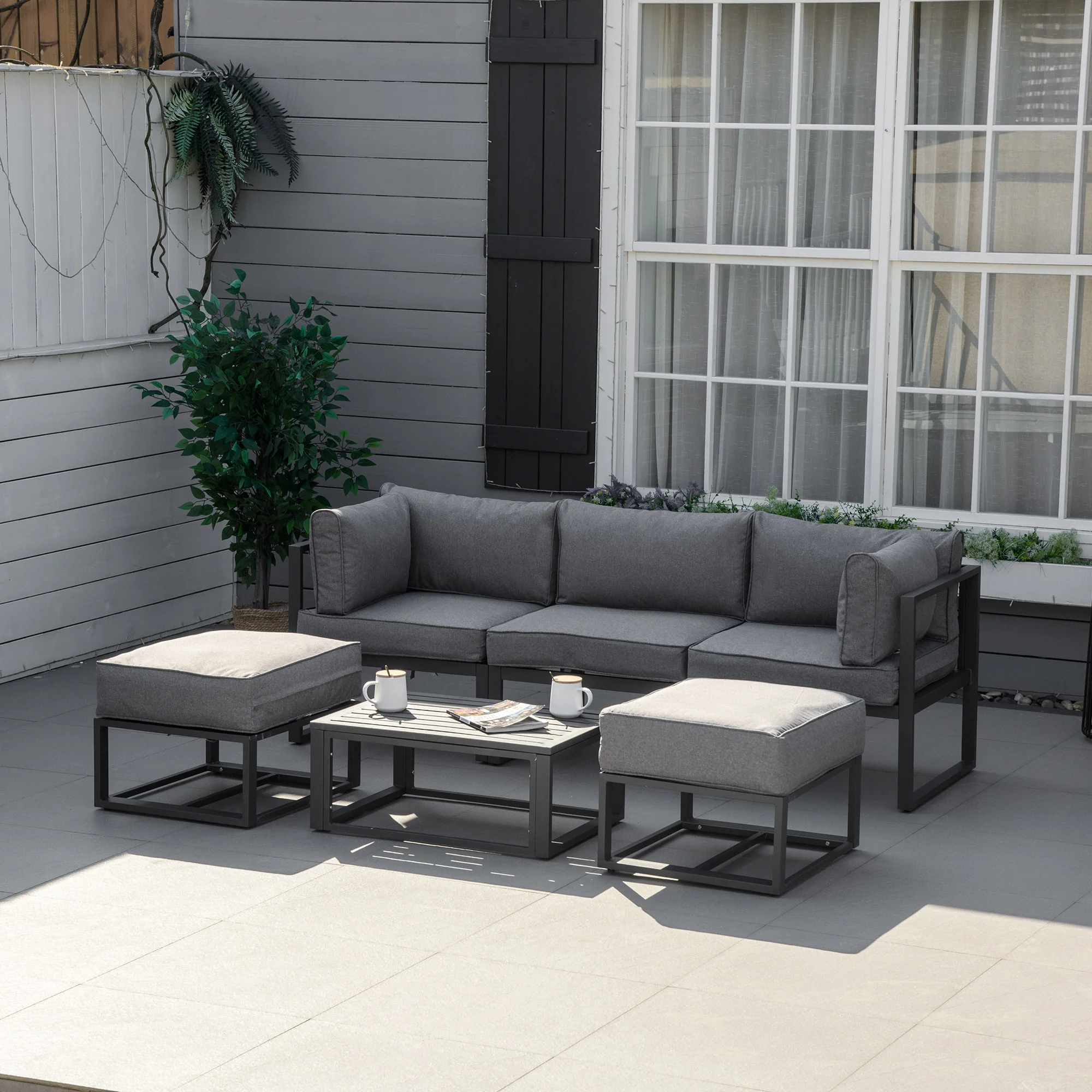 6pc Outdoor Patio Furniture Set with Daybed and Footstools, Grey - Image 3