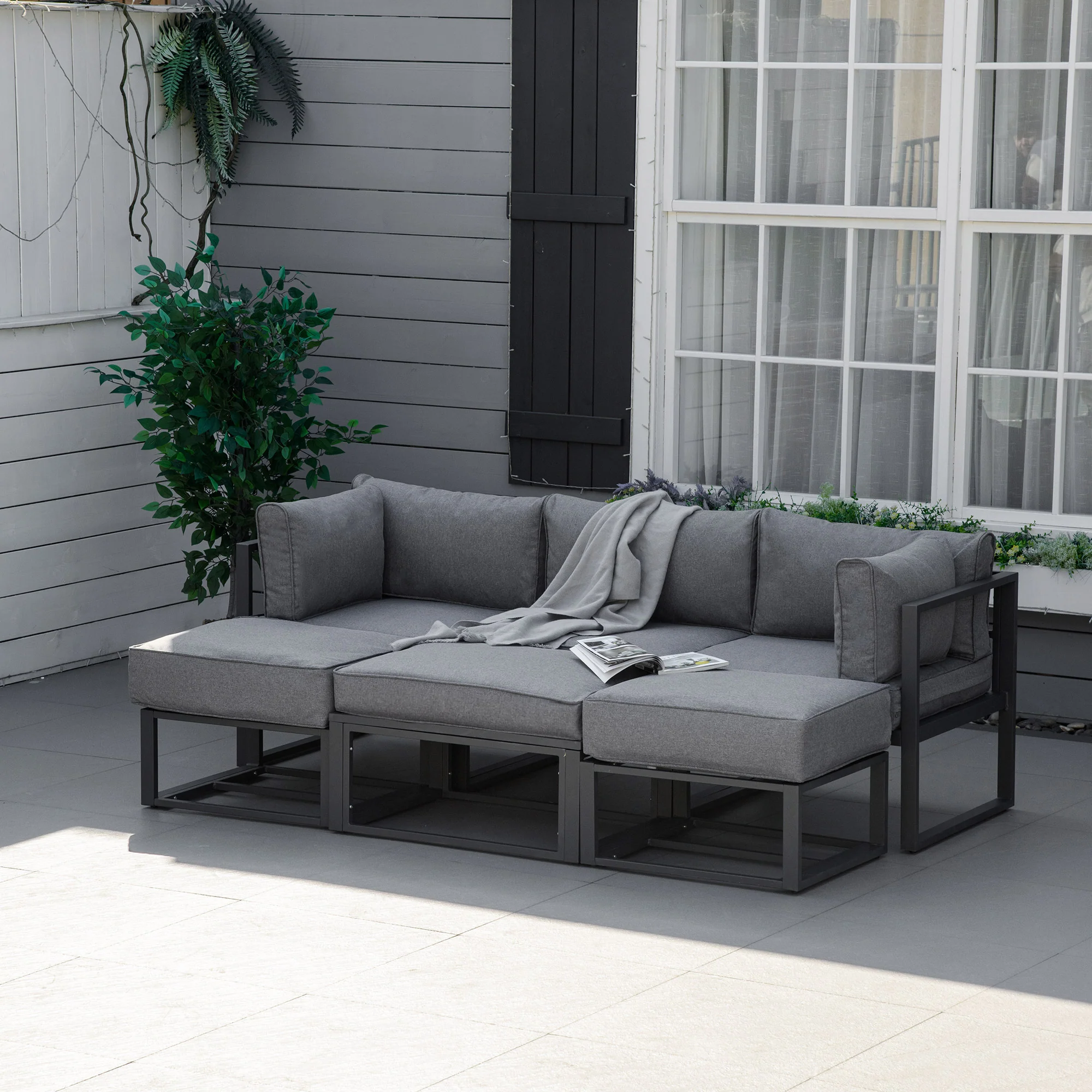 6pc Outdoor Patio Furniture Set with Daybed and Footstools, Grey - Image 4