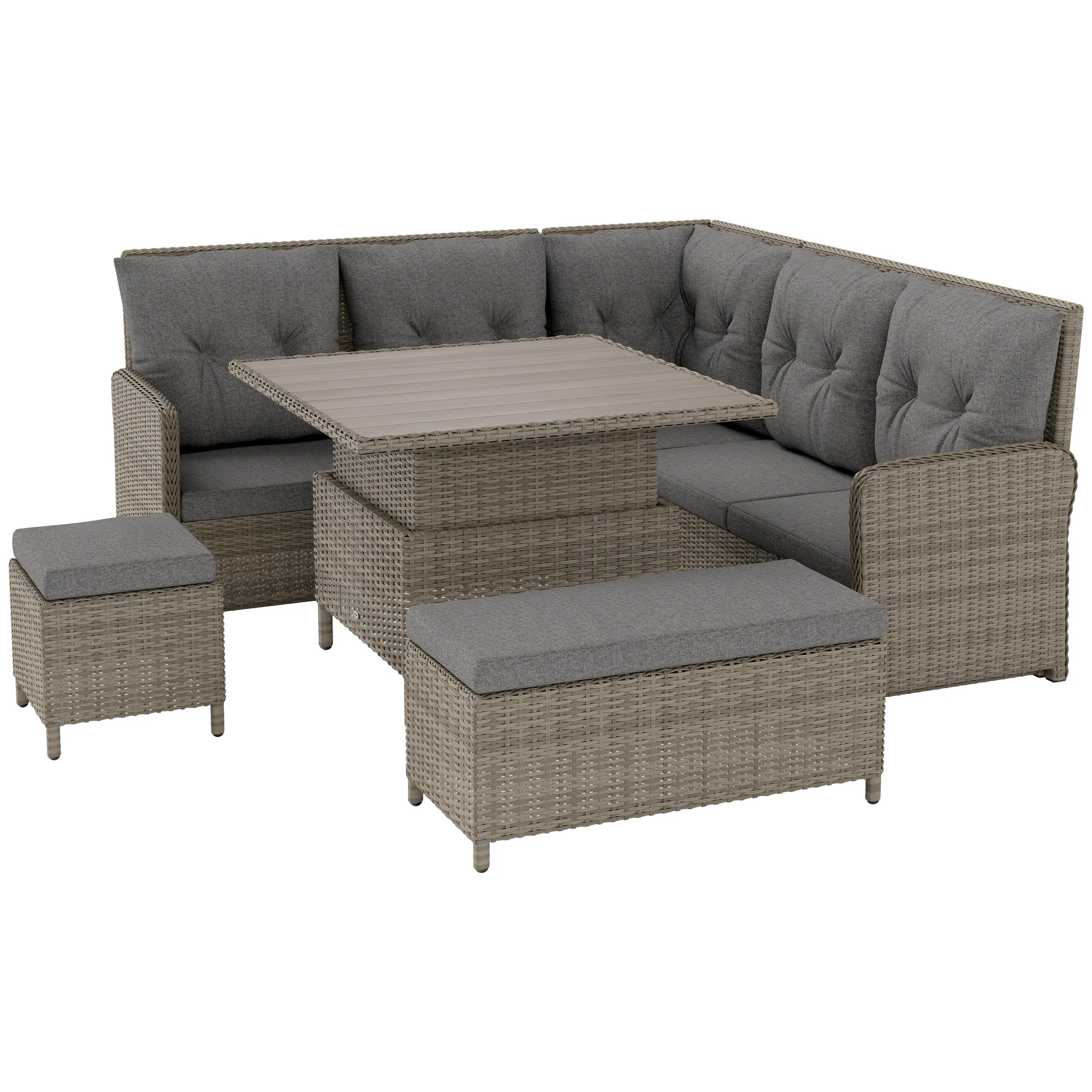 6 Pieces PE Rattan Sectional Corner Sofa w/ Padded Cushion & Liftable Coffee Table, Light Grey - Image 2